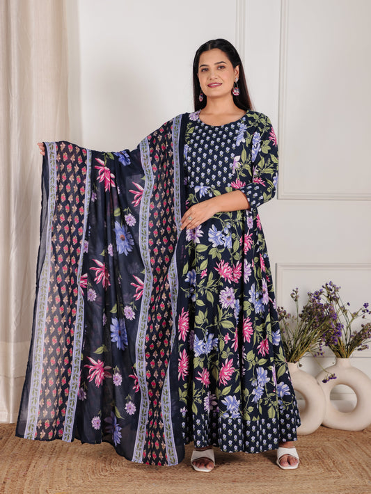 Cotton Voile Floral Blue Dupatta