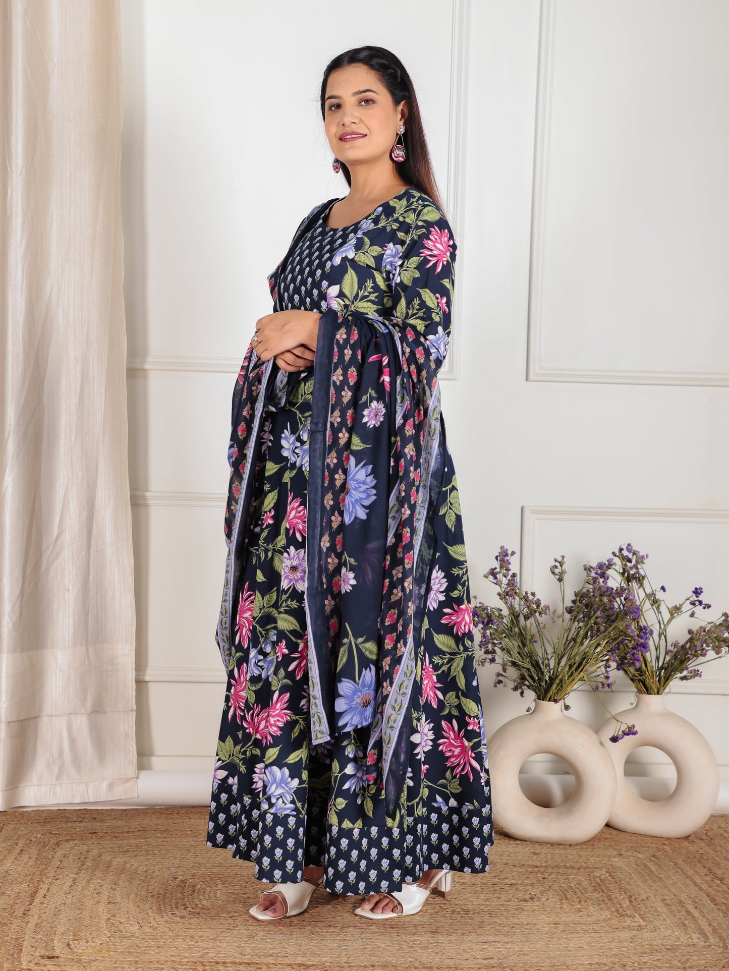 Cotton Voile Floral Blue Dupatta