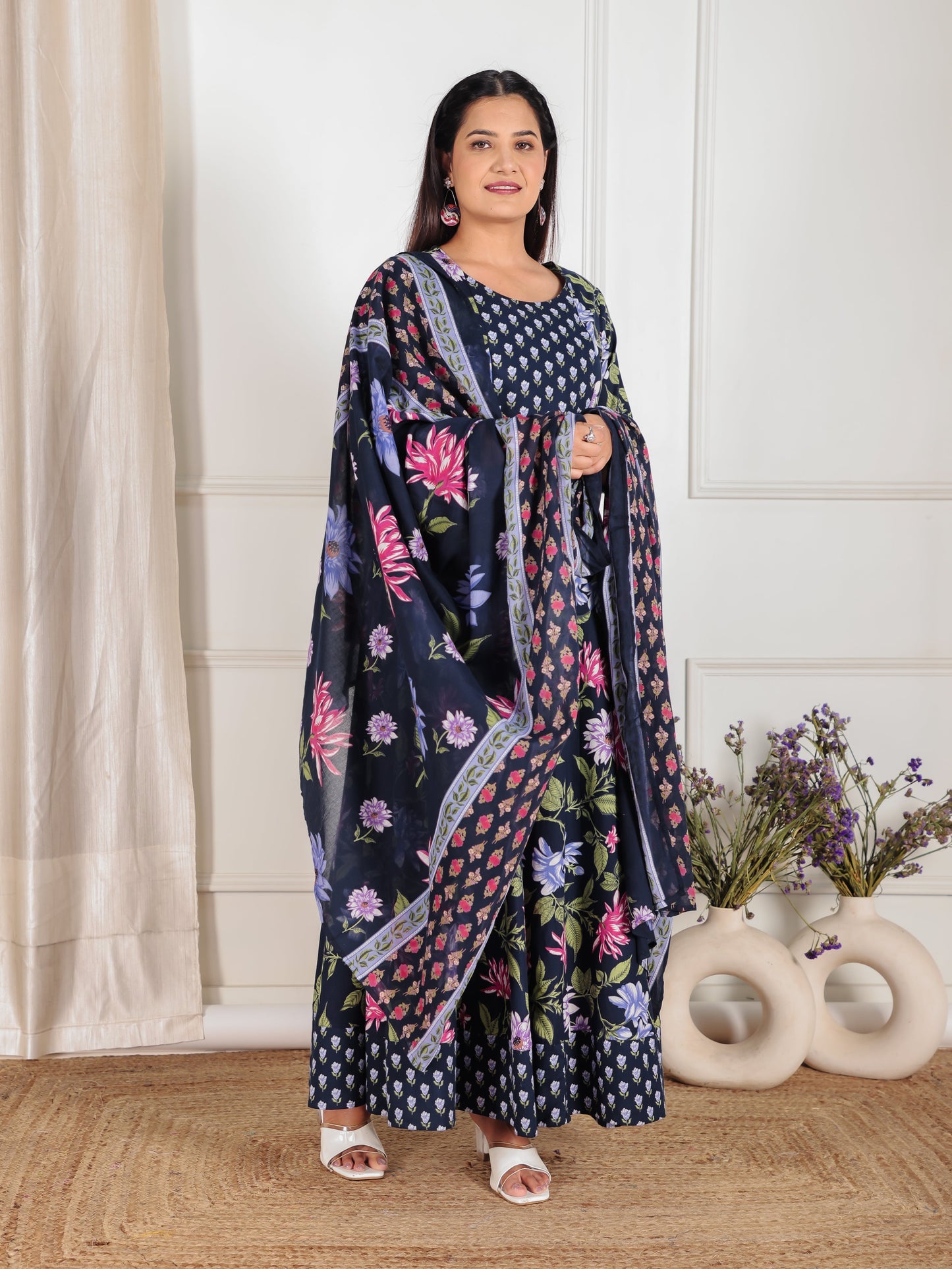 Cotton Voile Floral Blue Dupatta