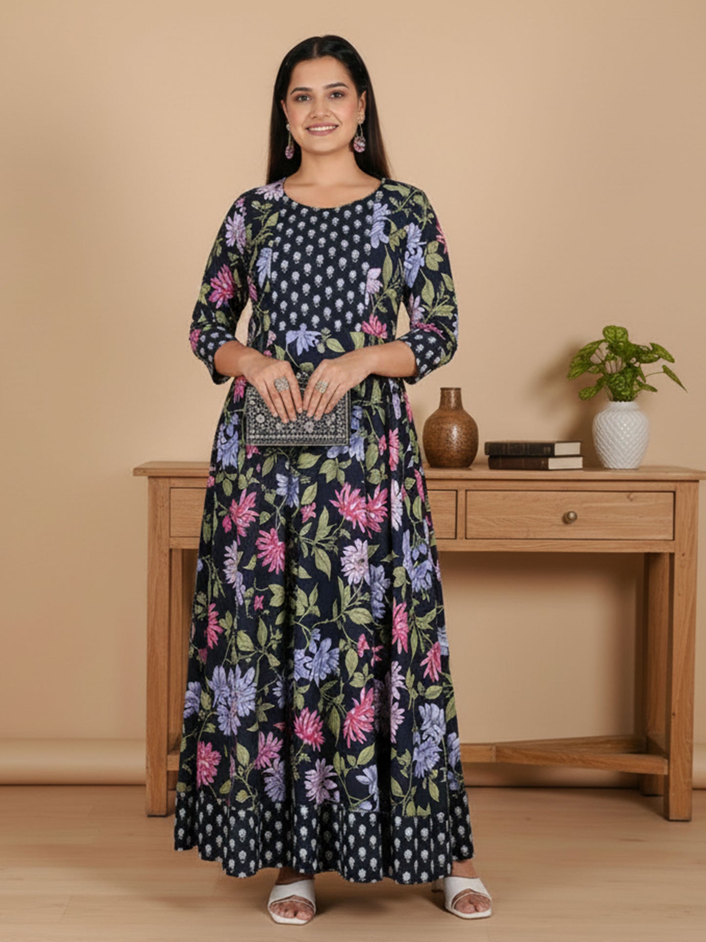 Soft Cotton Floral Anarkali Blue Kurta