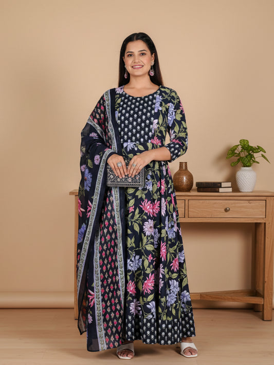 Cotton Voile Floral Blue Dupatta