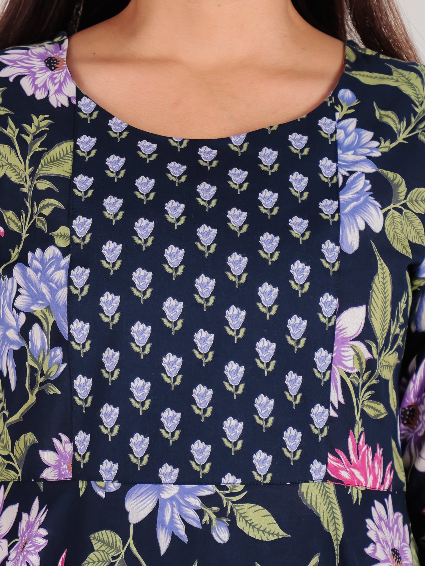 Soft Cotton Floral Anarkali Blue Kurta