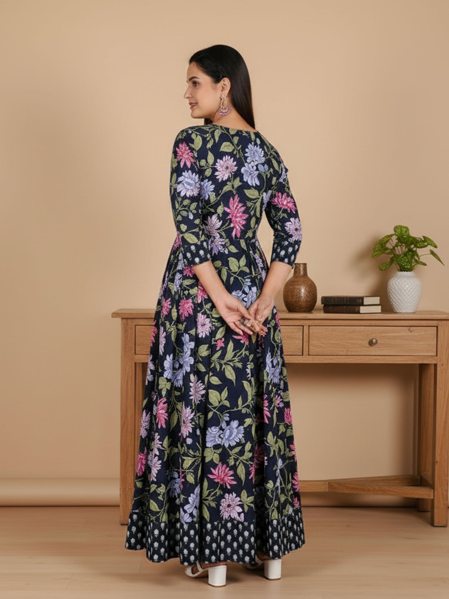 Soft Cotton Floral Anarkali Blue Kurta