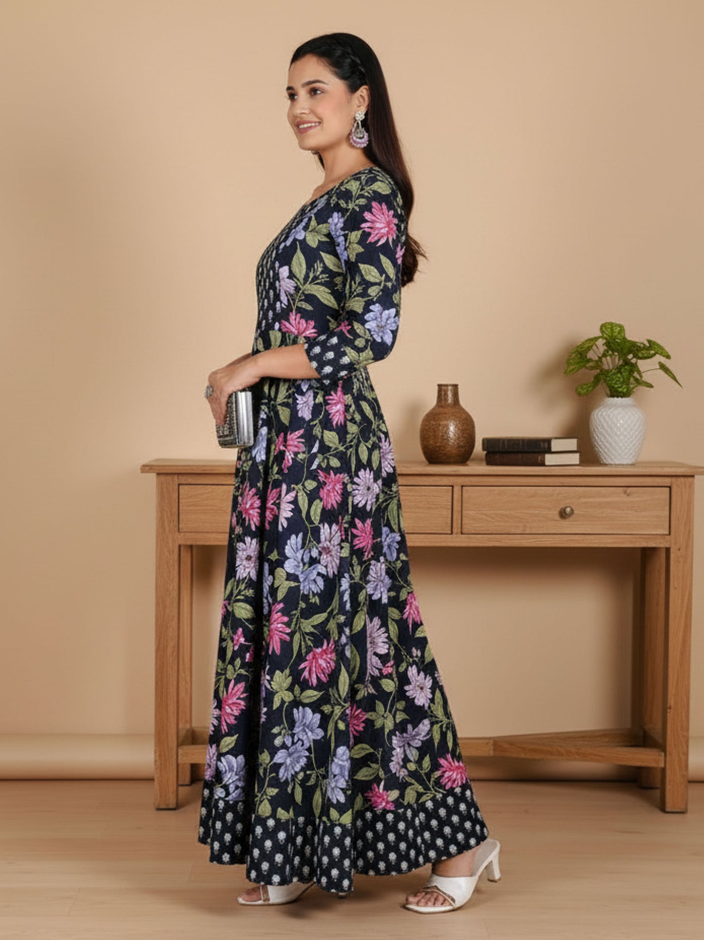 Soft Cotton Floral Anarkali Blue Kurta