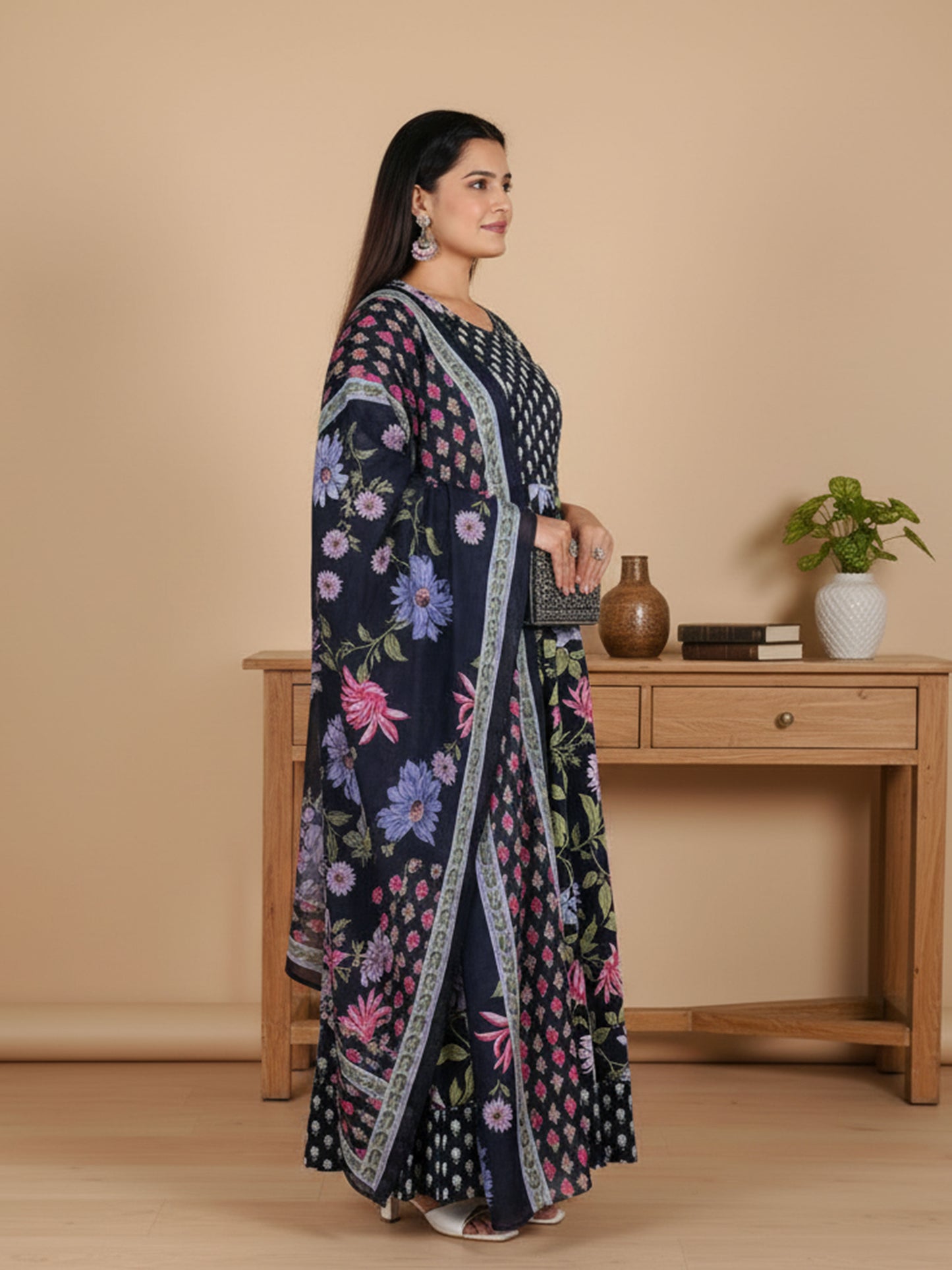 Soft Cotton Floral Anarkali Blue Kurta