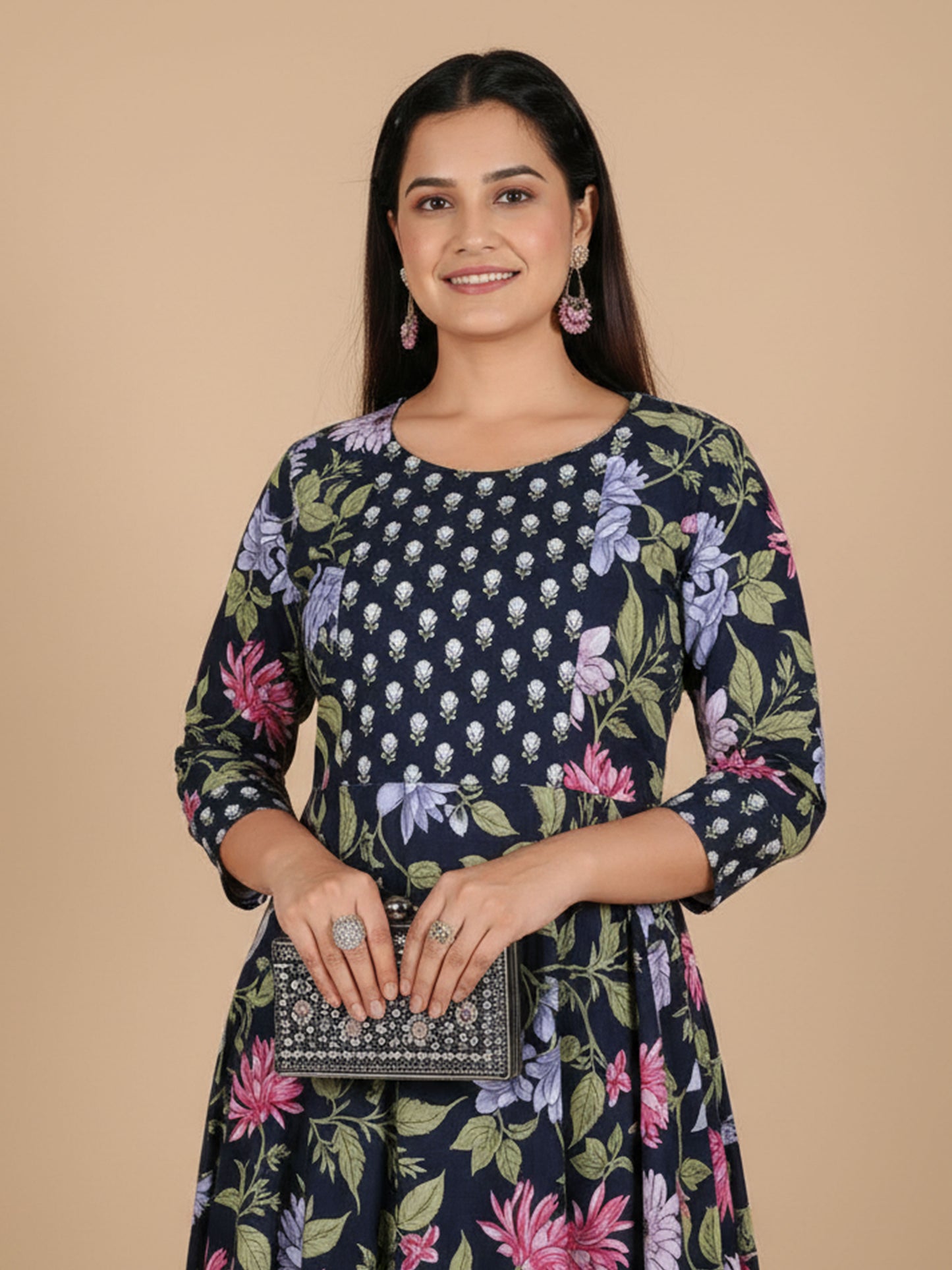 Soft Cotton Floral Anarkali Blue Kurta