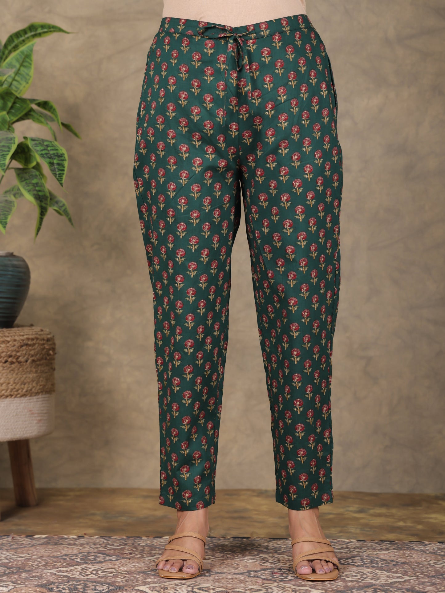 Soft Cotton Floral Green Tapered Trousers