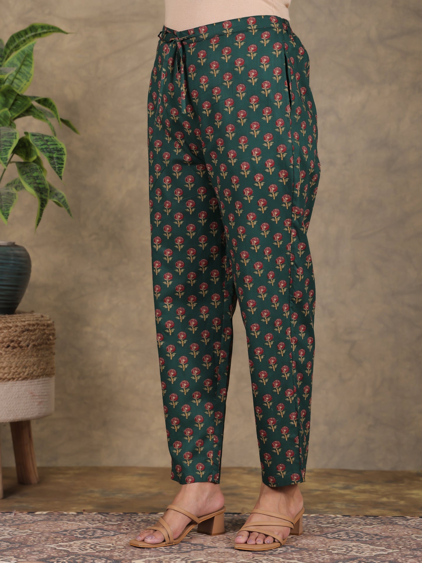 Soft Cotton Floral Green Tapered Trousers