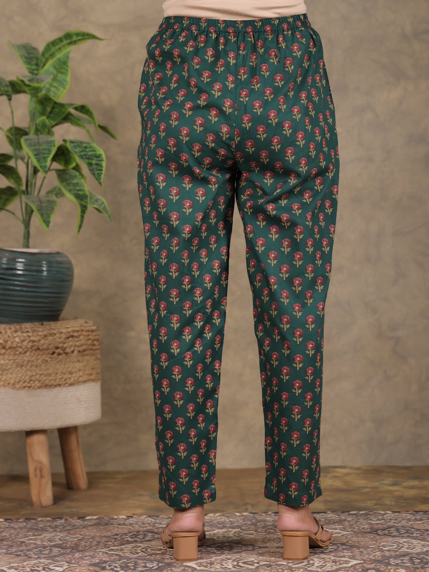 Soft Cotton Floral Green Tapered Trousers
