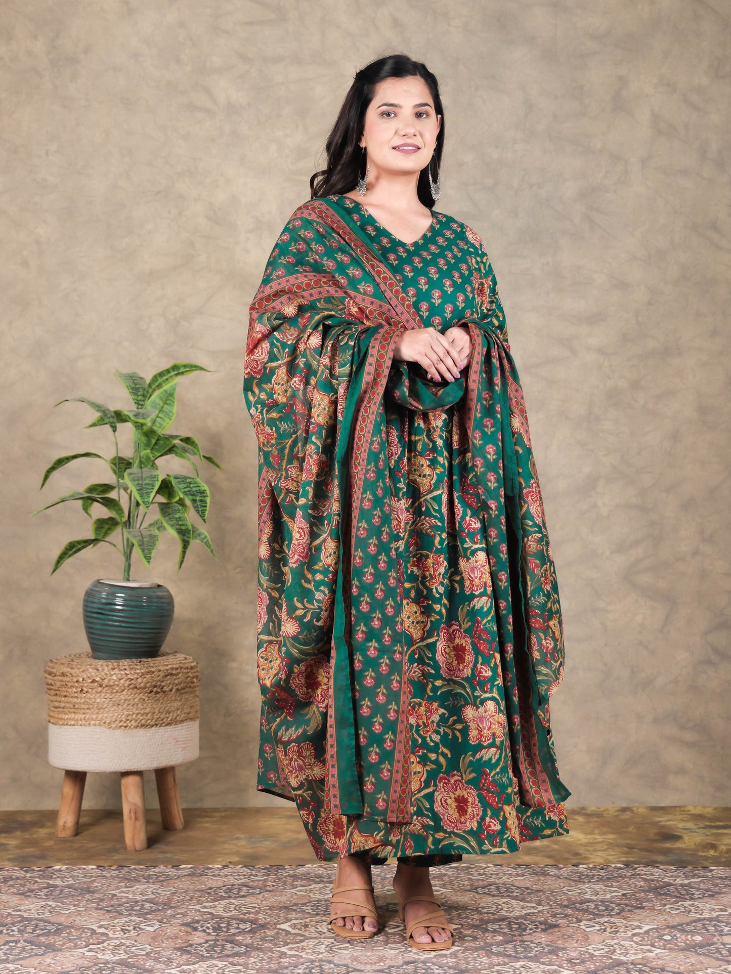 Soft Cotton Floral A-line Green Kurta