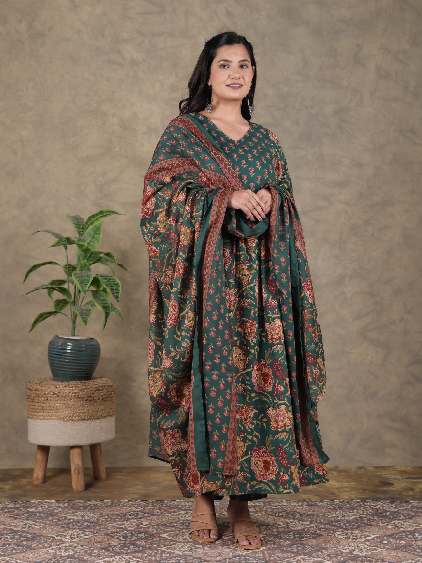 Soft Cotton Floral A-line Green Kurta