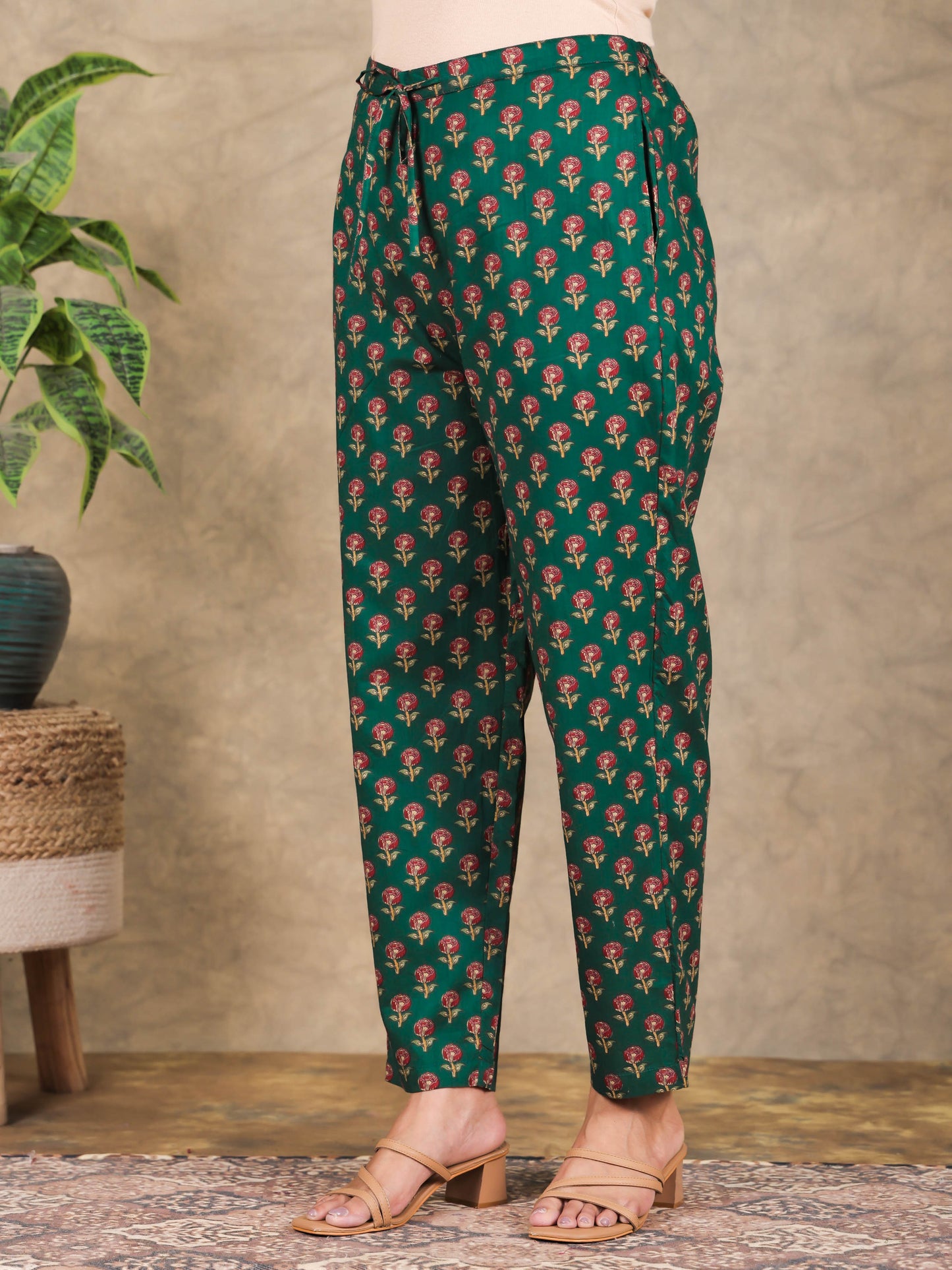 Soft Cotton Floral A-line Green Kurta