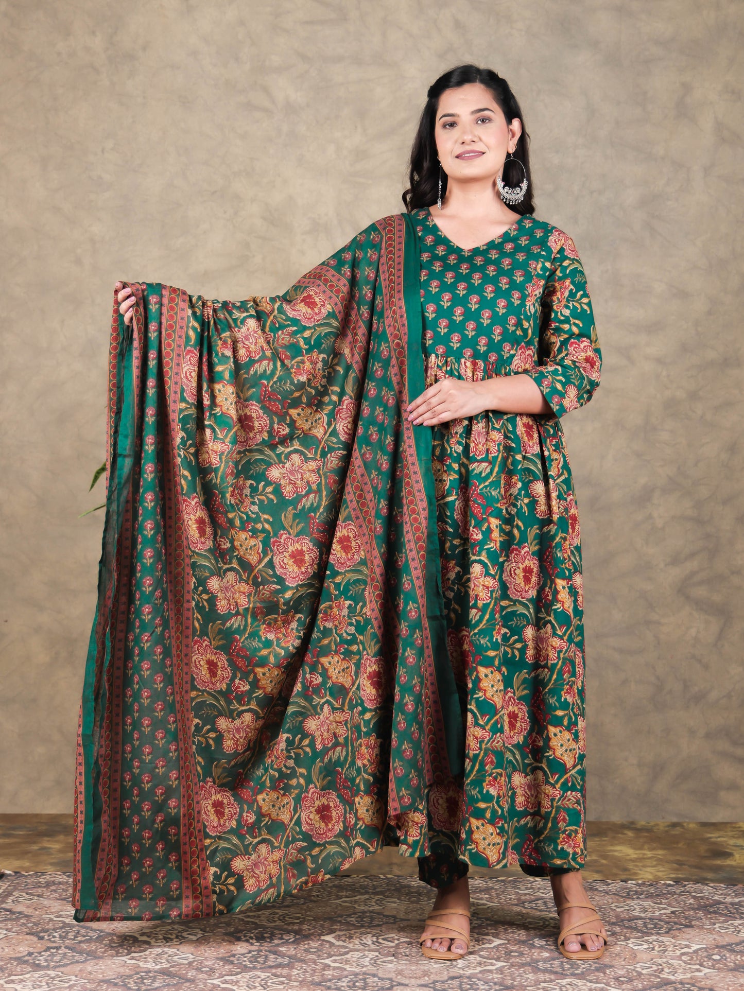 Soft Cotton Floral A-line Green Kurta