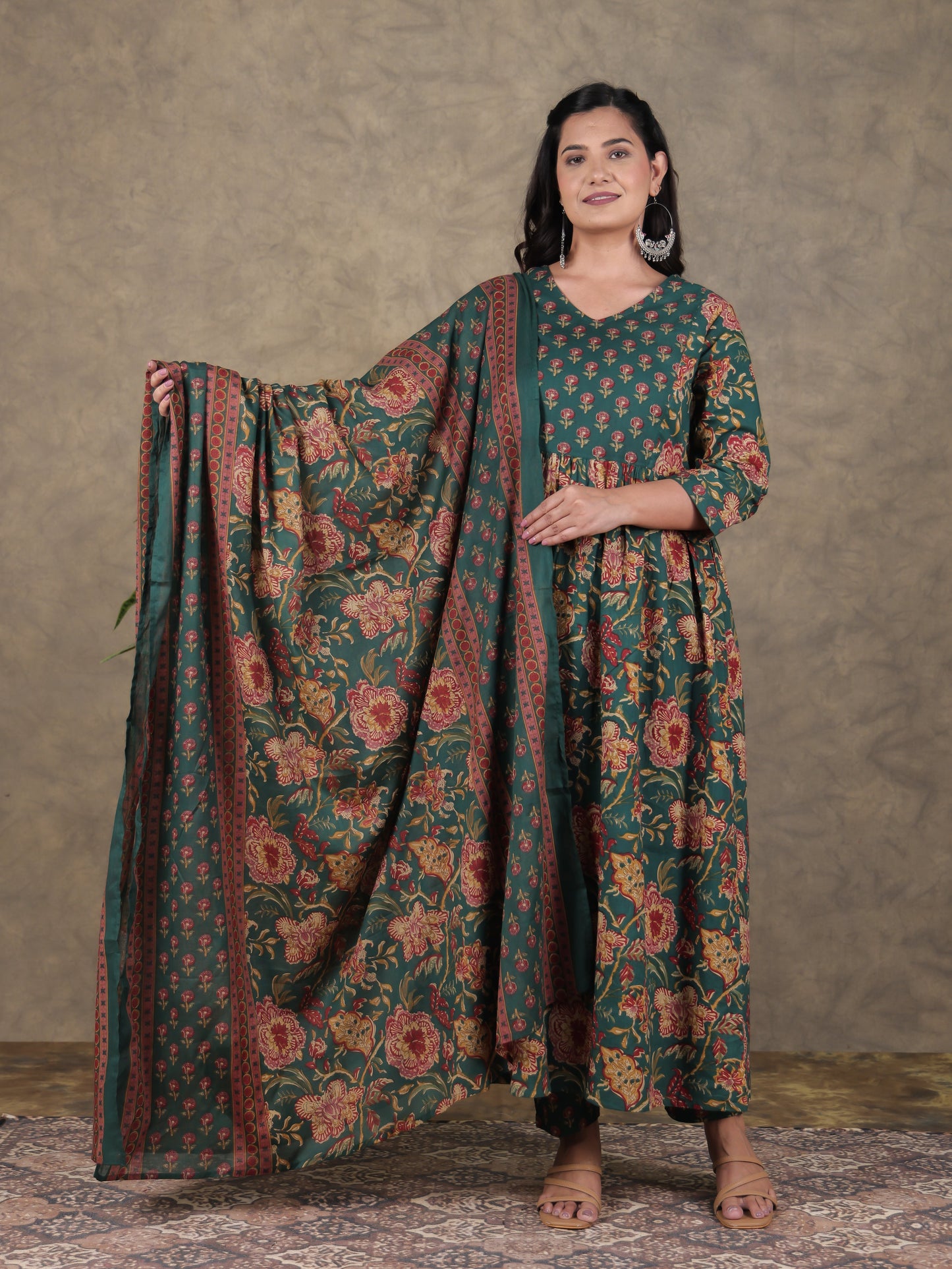 Soft Cotton Floral A-line Green Kurta