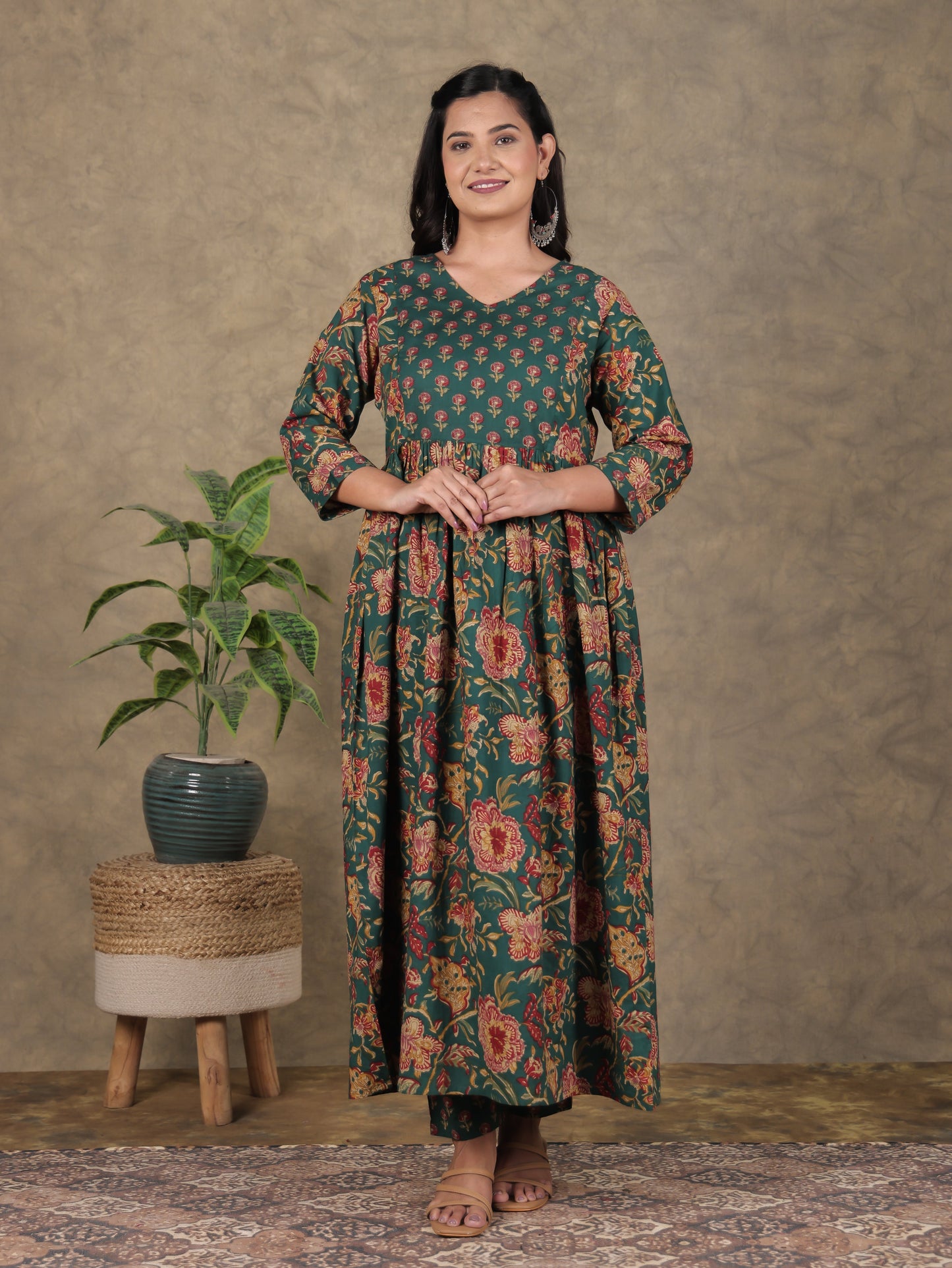 Soft Cotton Floral A-line Green Kurta