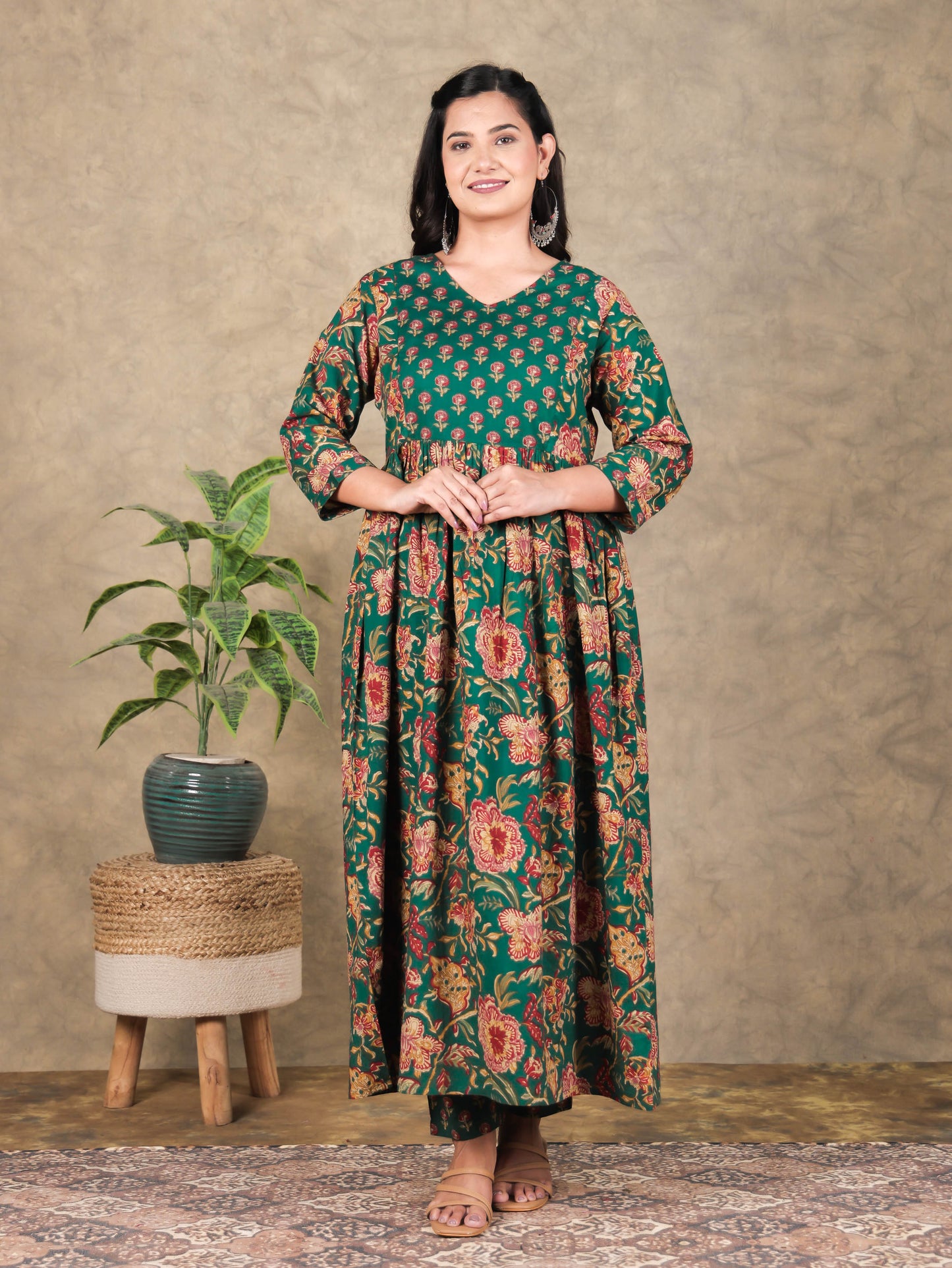 Soft Cotton Floral A-line Green Kurta