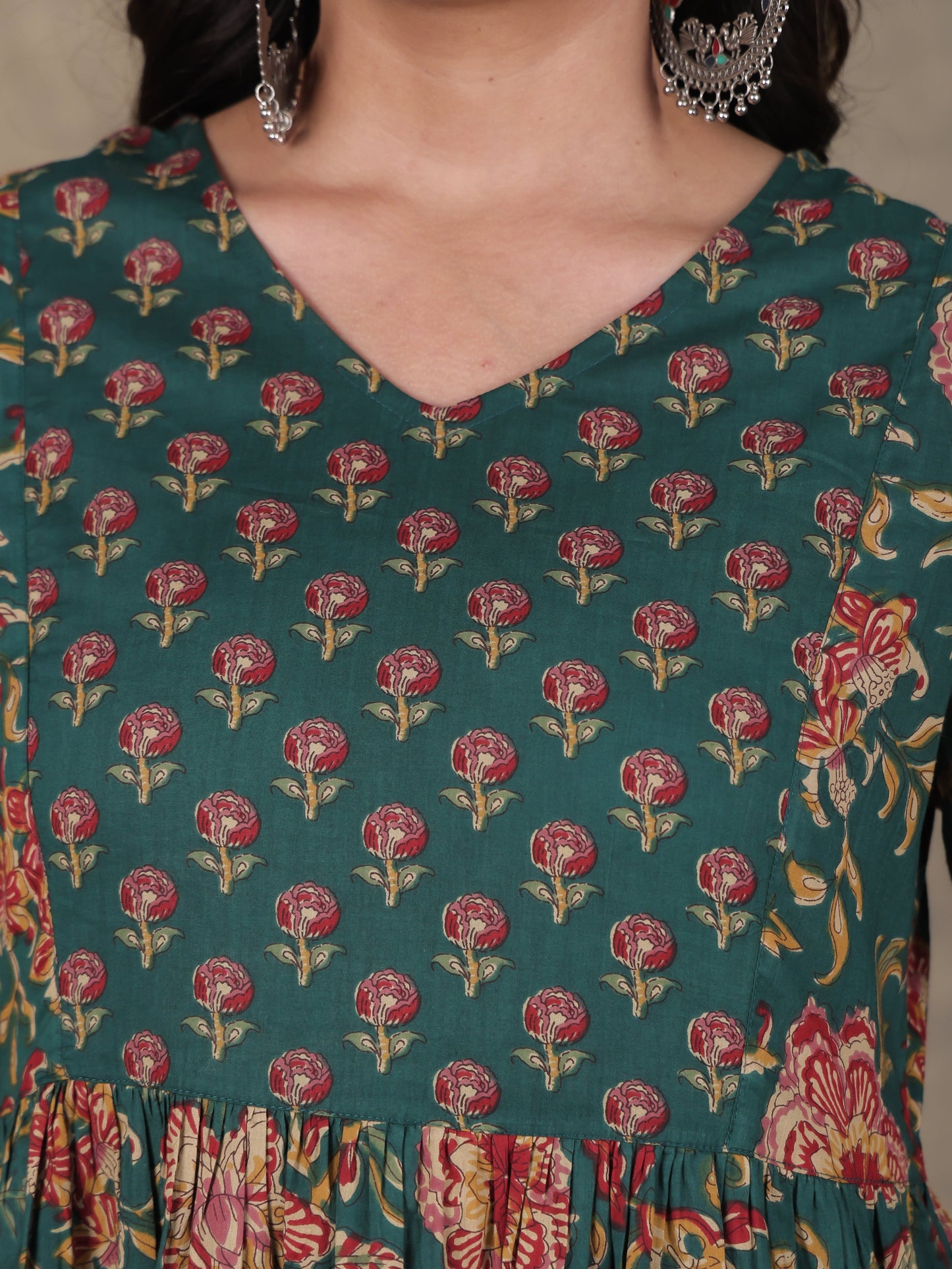 Soft Cotton Floral A-line Green Kurta