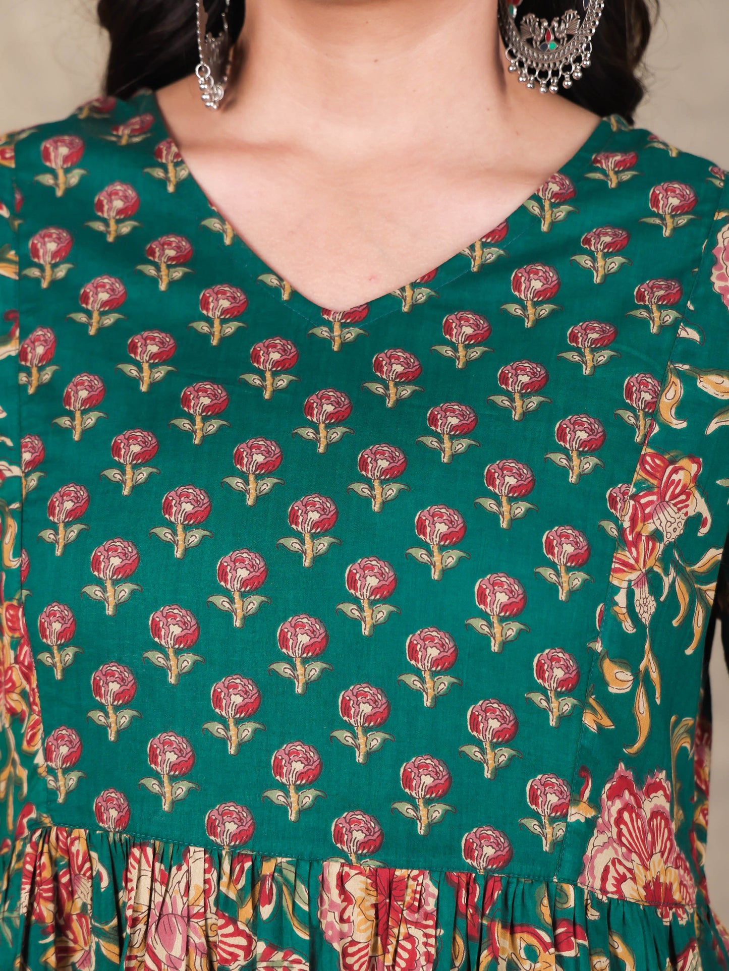 Soft Cotton Floral A-line Green Kurta