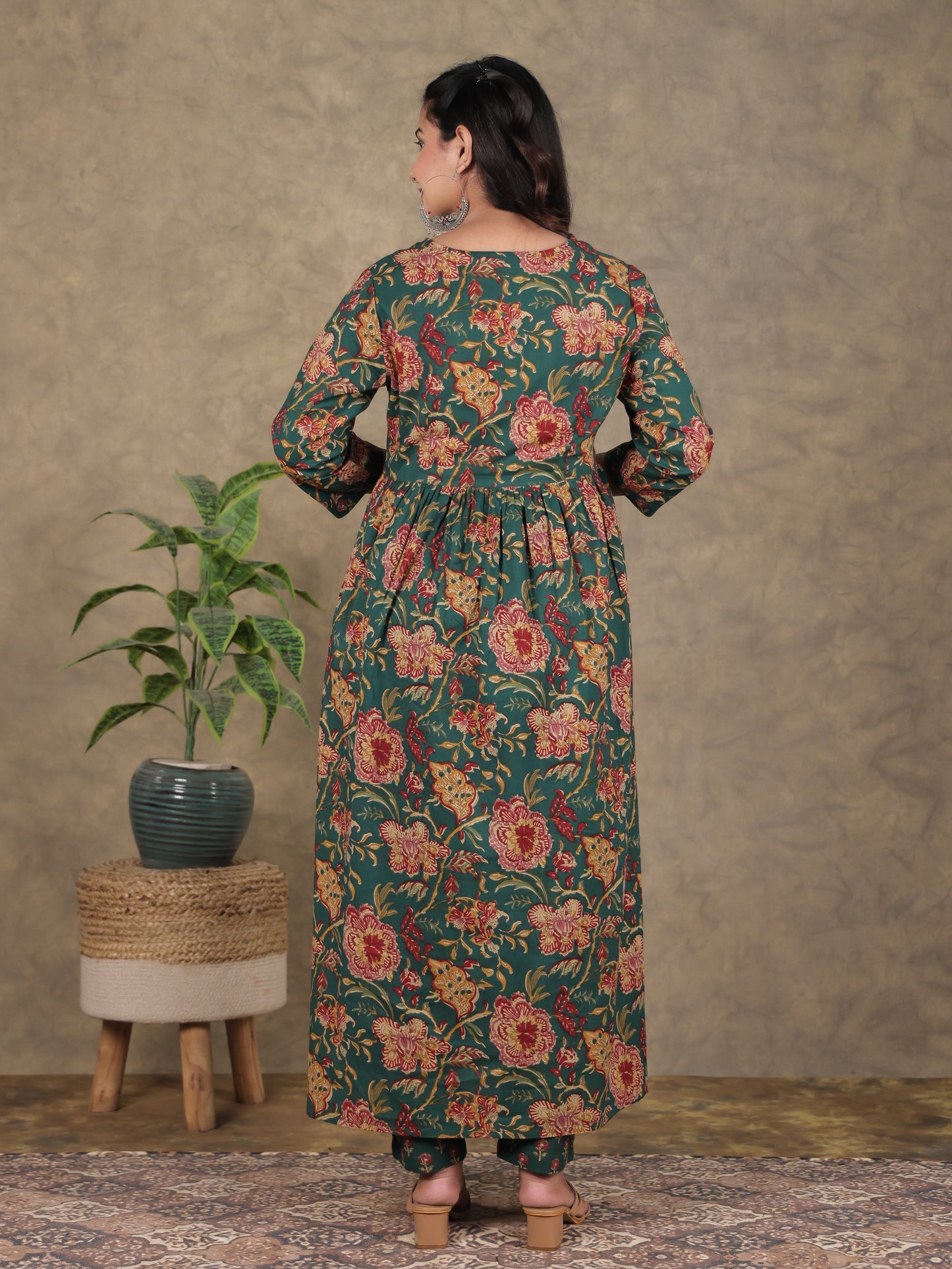 Soft Cotton Floral A-line Green Kurta