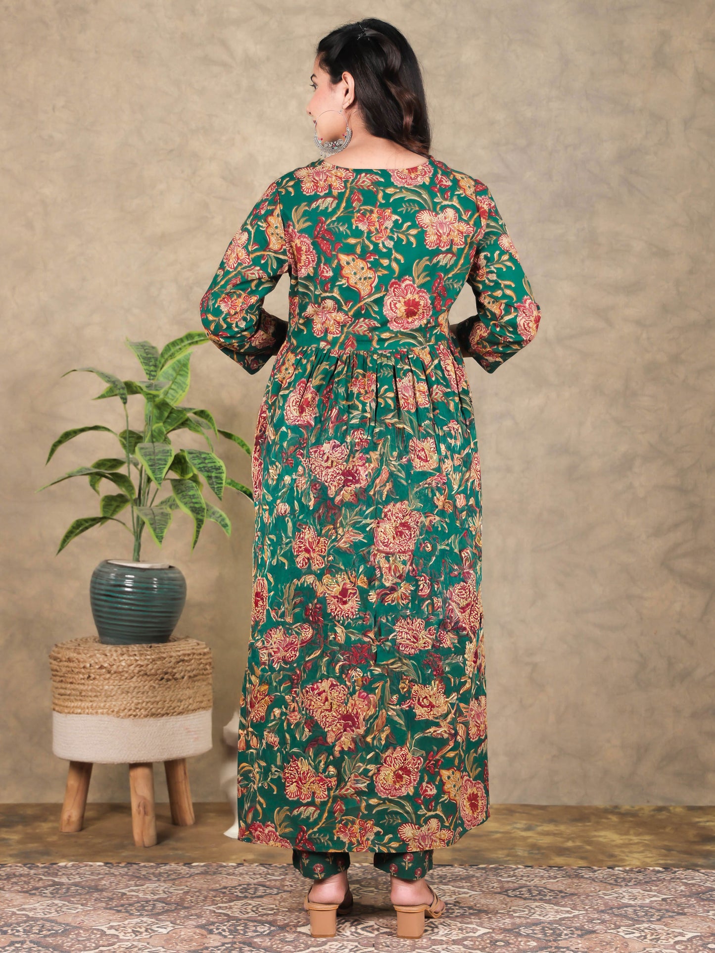 Soft Cotton Floral A-line Green Kurta