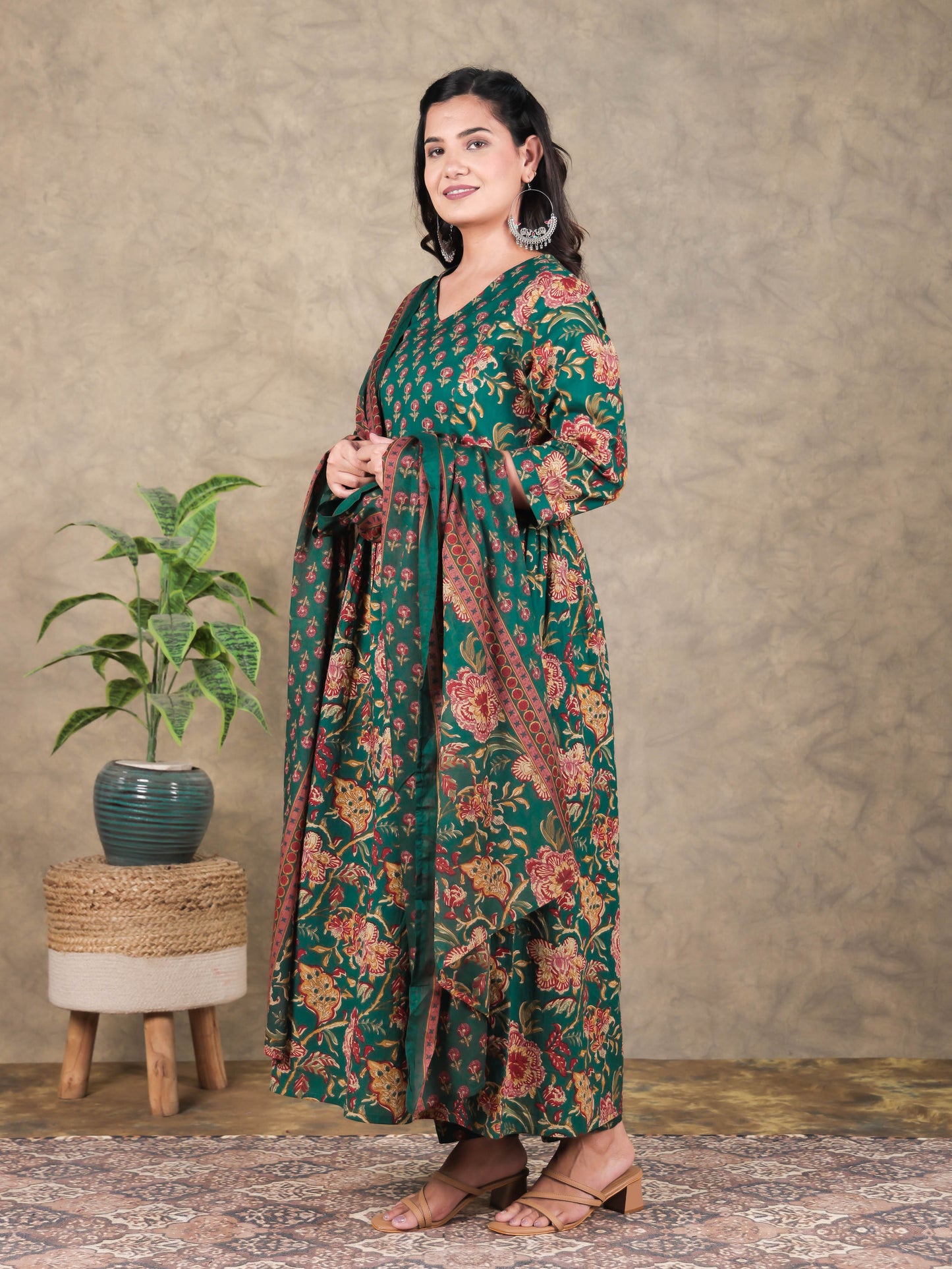 Soft Cotton Floral A-line Green Kurta