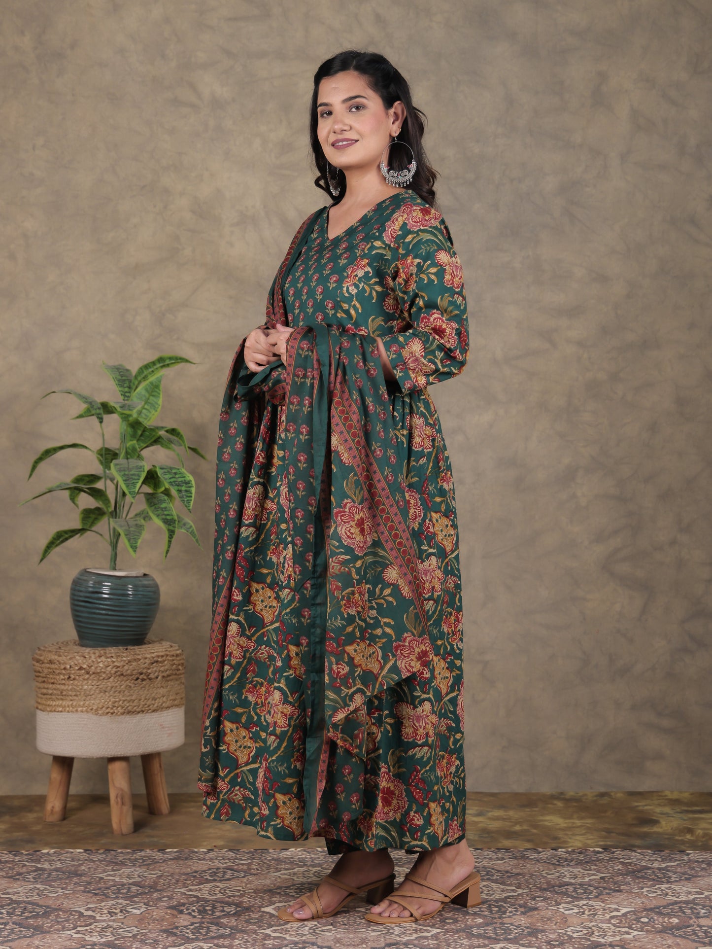 Soft Cotton Floral A-line Green Kurta