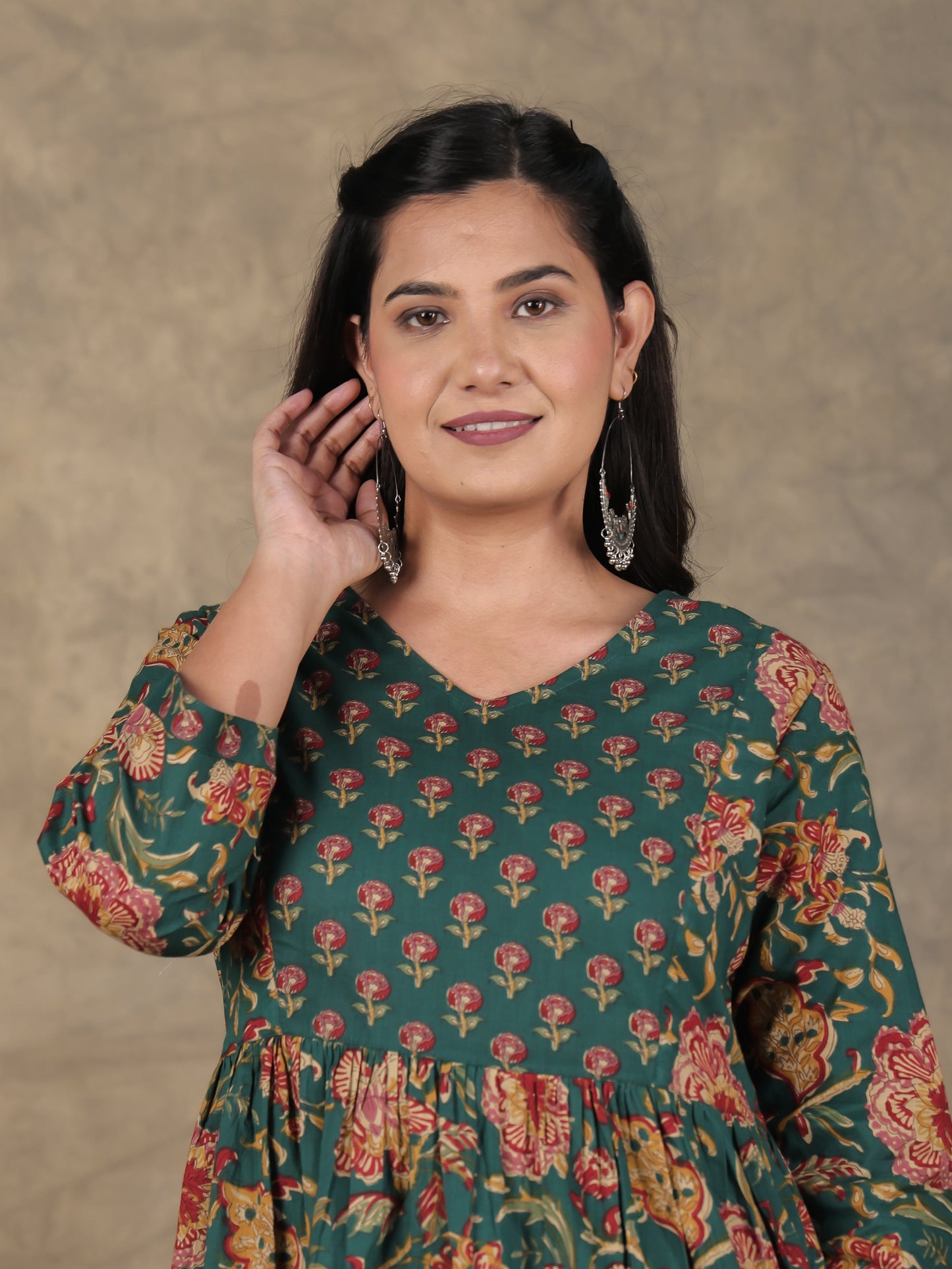 Soft Cotton Floral A-line Green Kurta