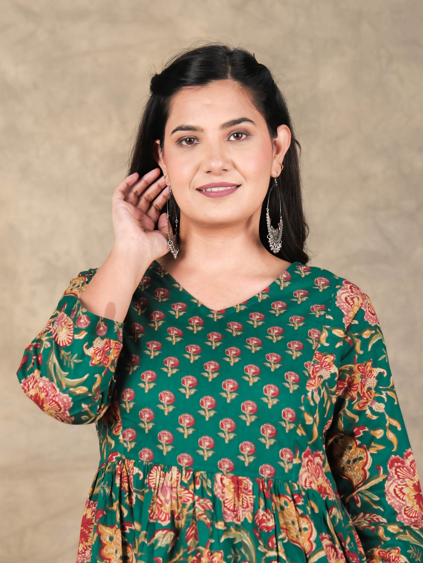 Soft Cotton Floral A-line Green Kurta