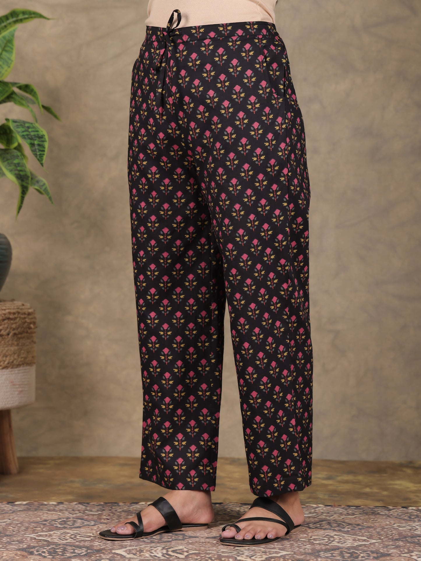 Soft Cotton Floral Black Straight Trousers
