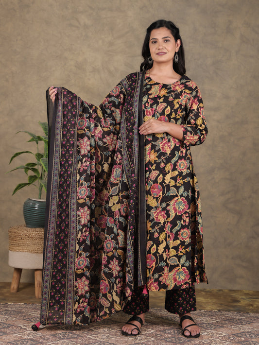 Cotton Voile Floral Black Dupatta