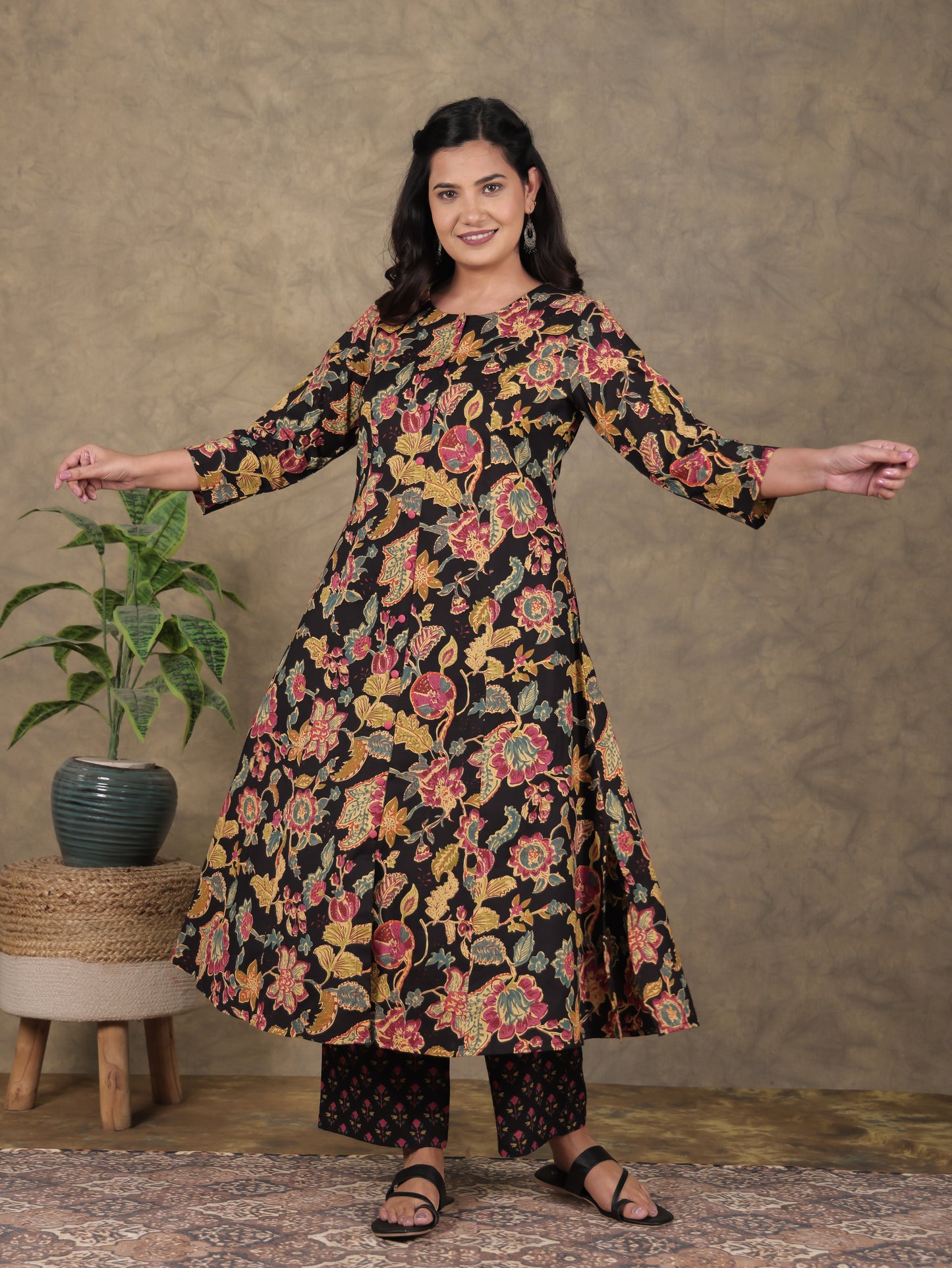 Soft Cotton Floral A-line Black Kurta