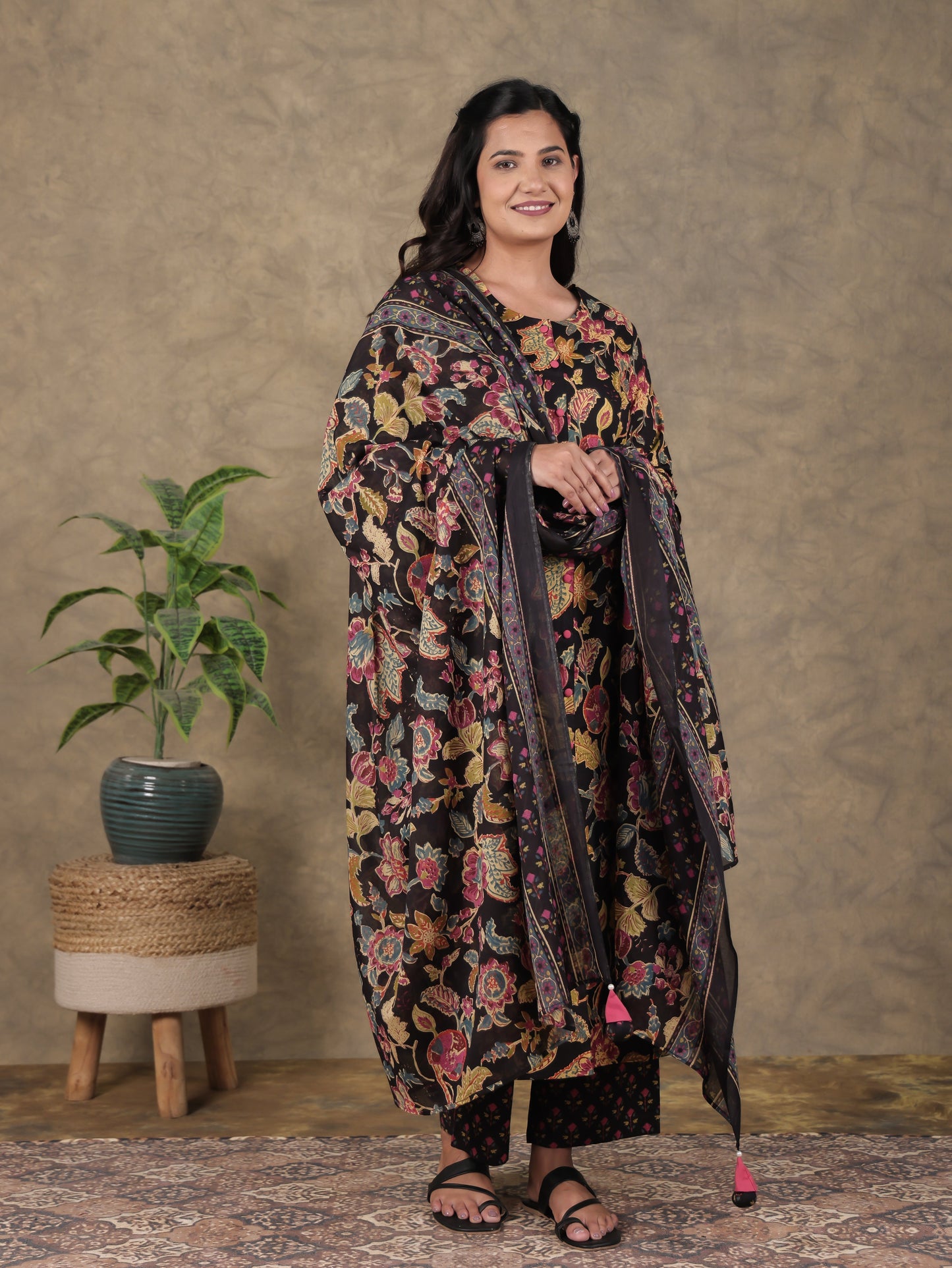 Soft Cotton Floral A-line Black Kurta