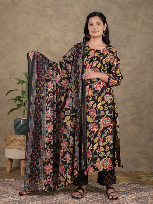 Soft Cotton Floral A-line Black Kurta