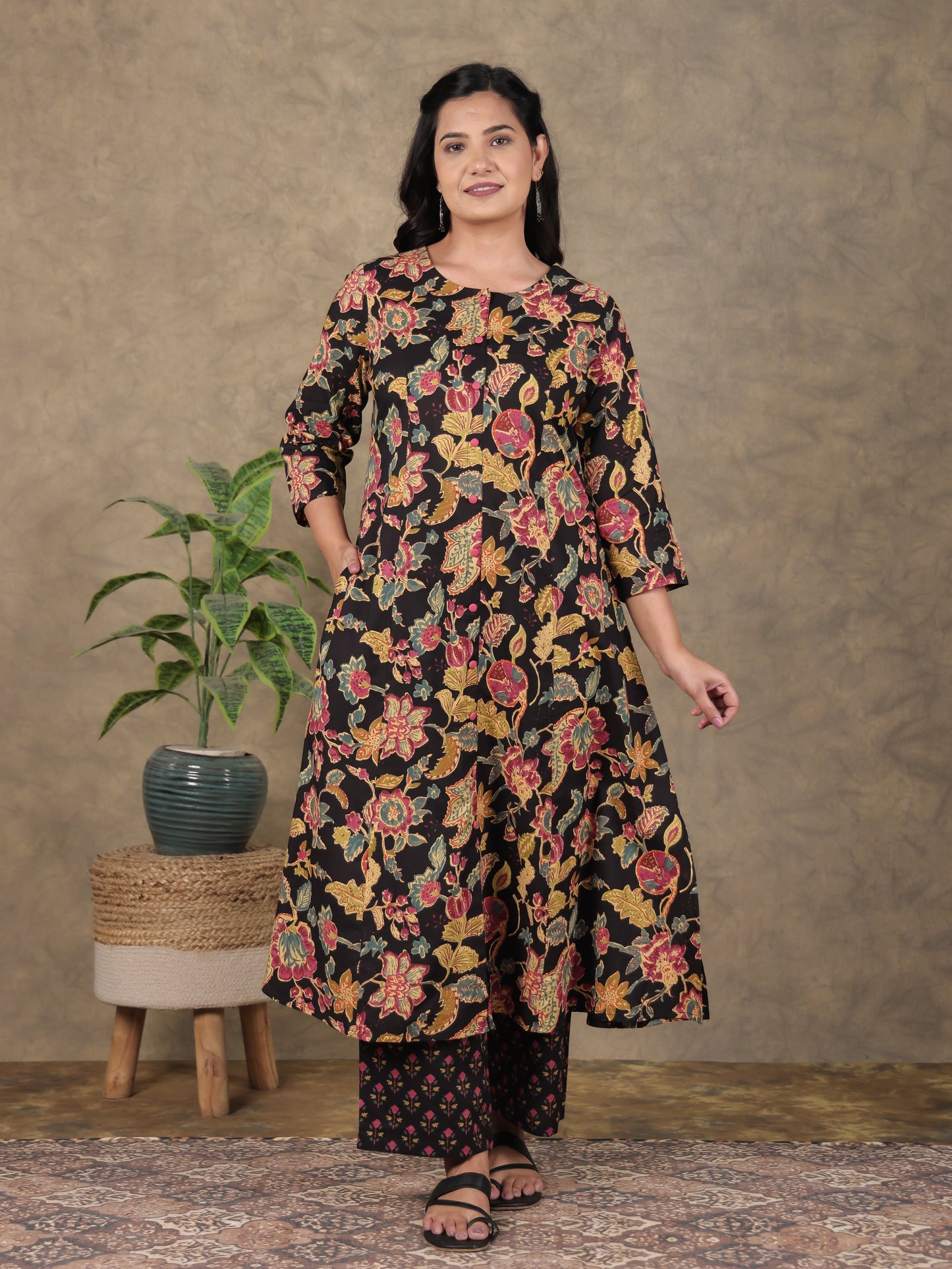 Soft Cotton Floral A-line Black Kurta