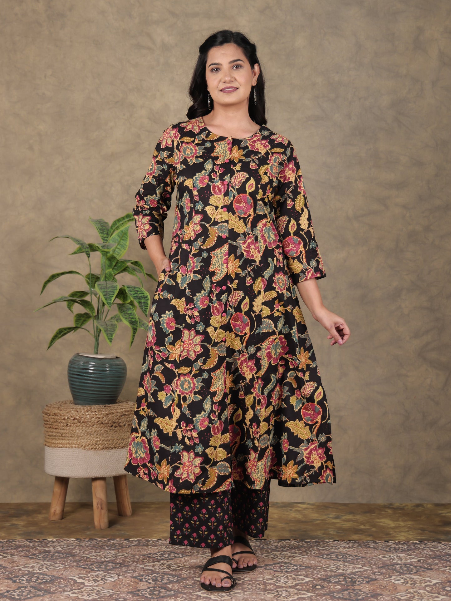 Soft Cotton Floral A-line Black Kurta