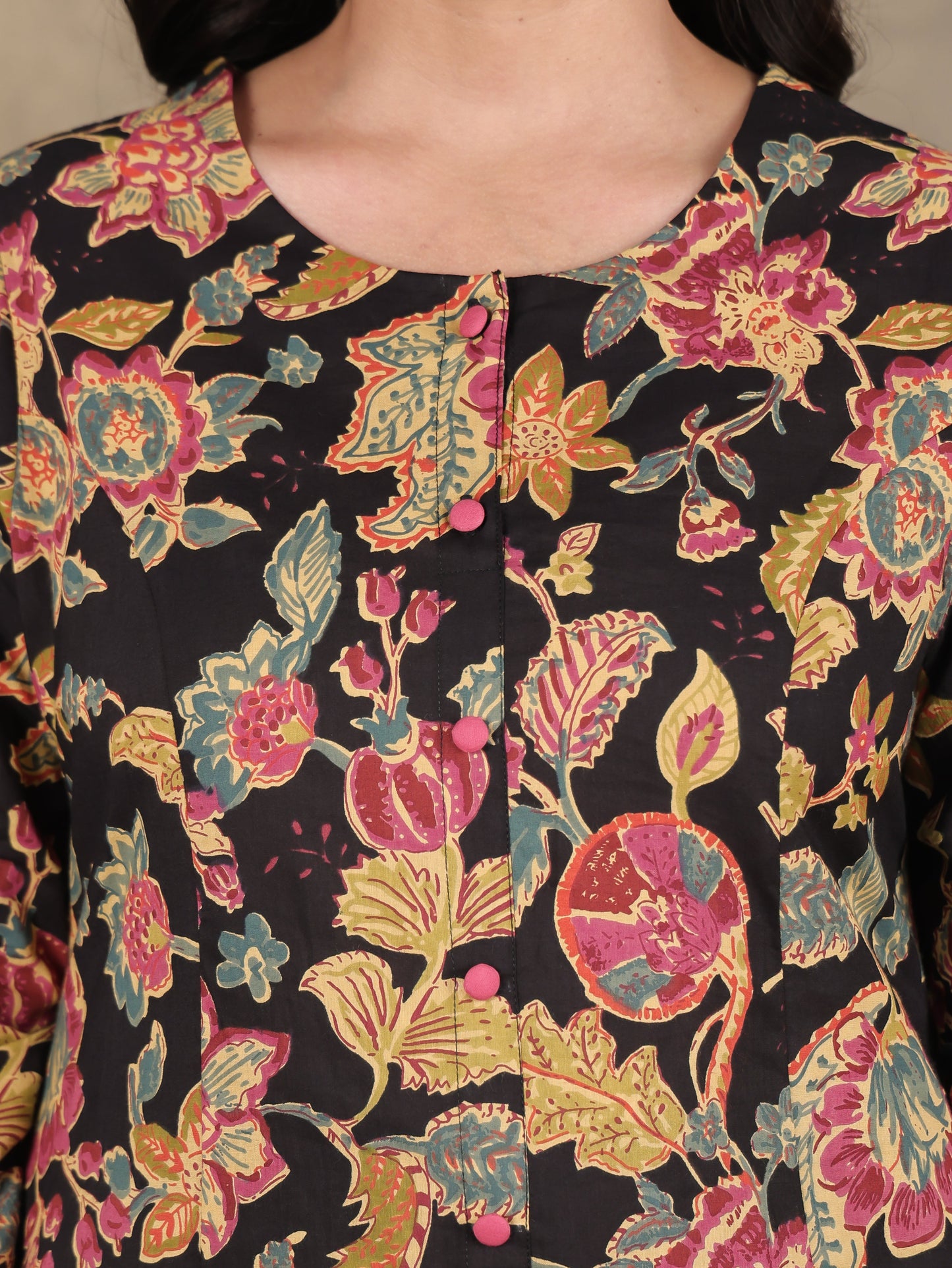 Soft Cotton Floral A-line Black Kurta
