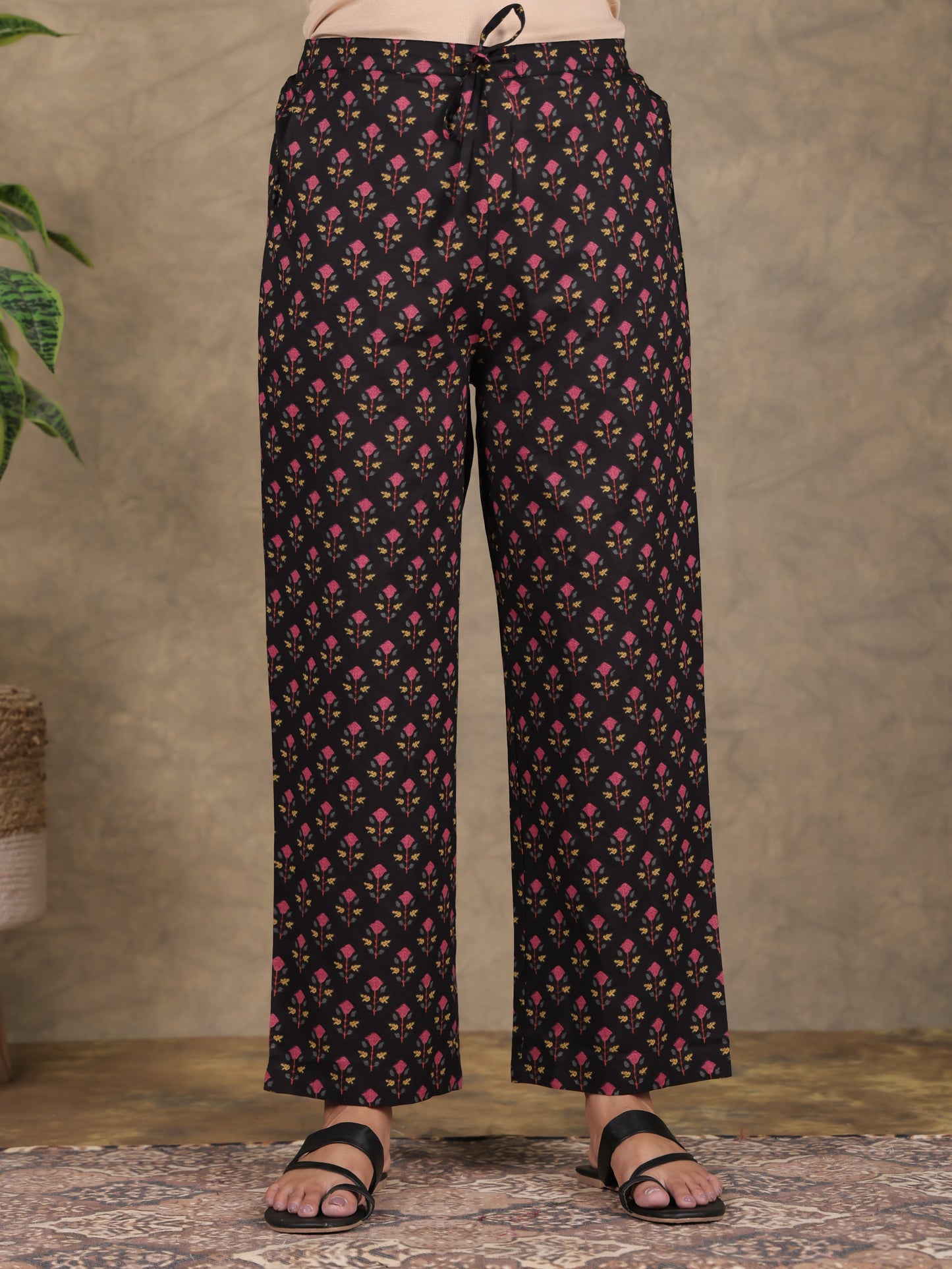 Soft Cotton Floral A-line Black Kurta