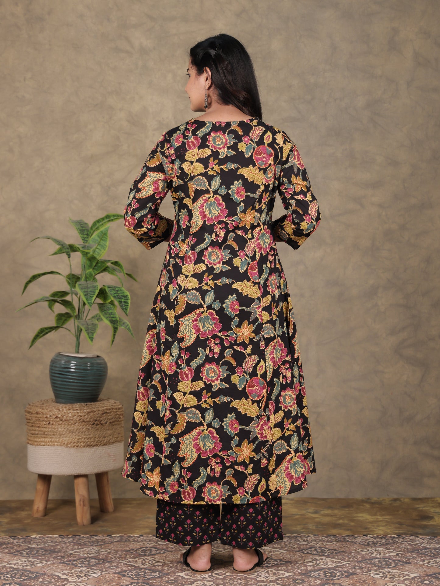 Soft Cotton Floral A-line Black Kurta