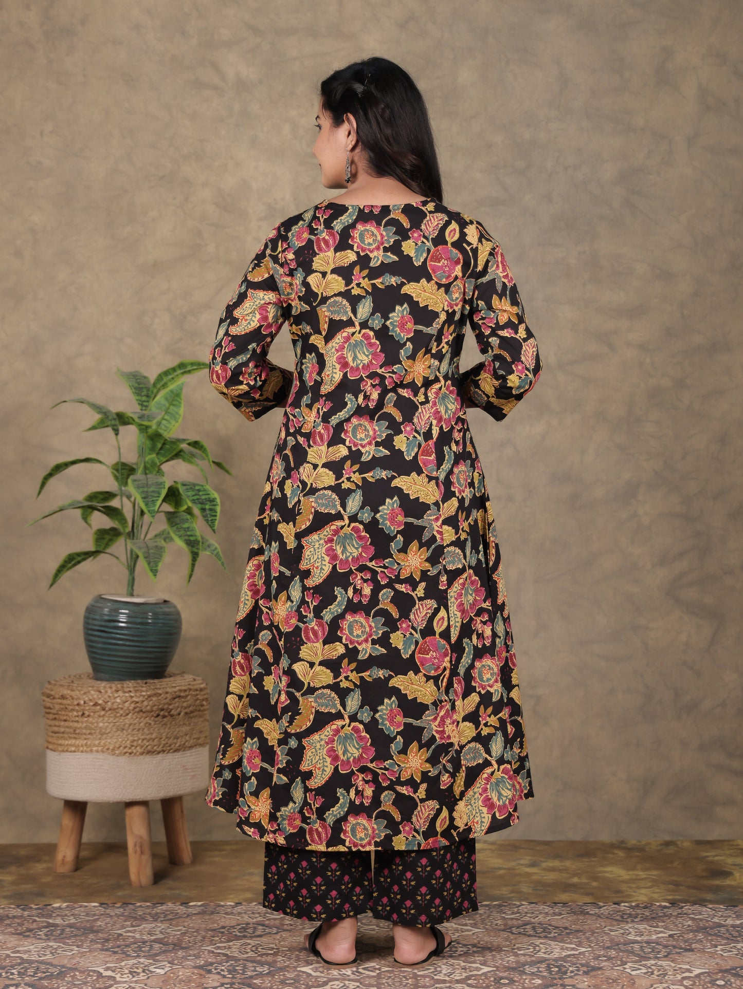 Soft Cotton Floral A-line Black Kurta