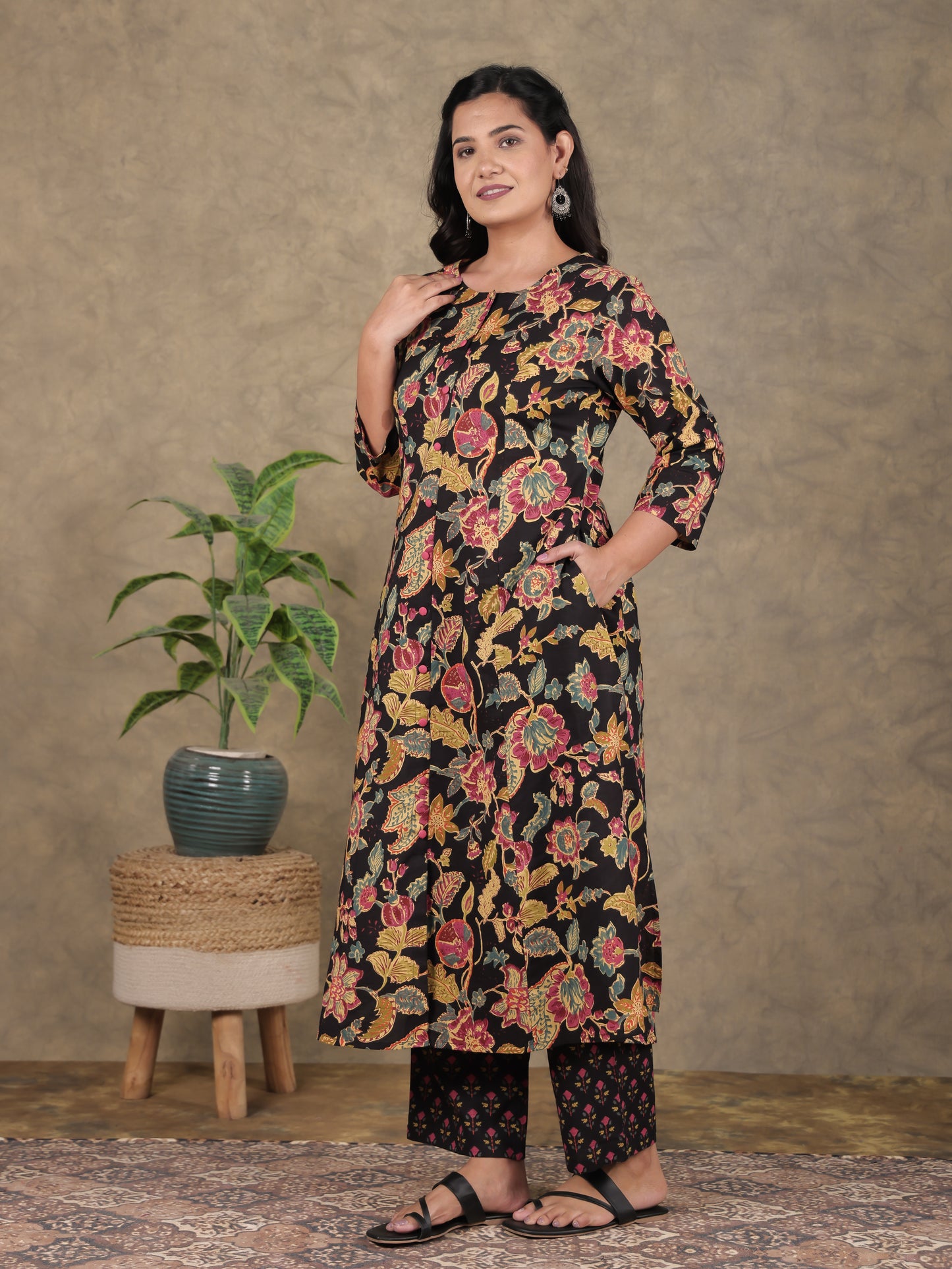 Soft Cotton Floral A-line Black Kurta