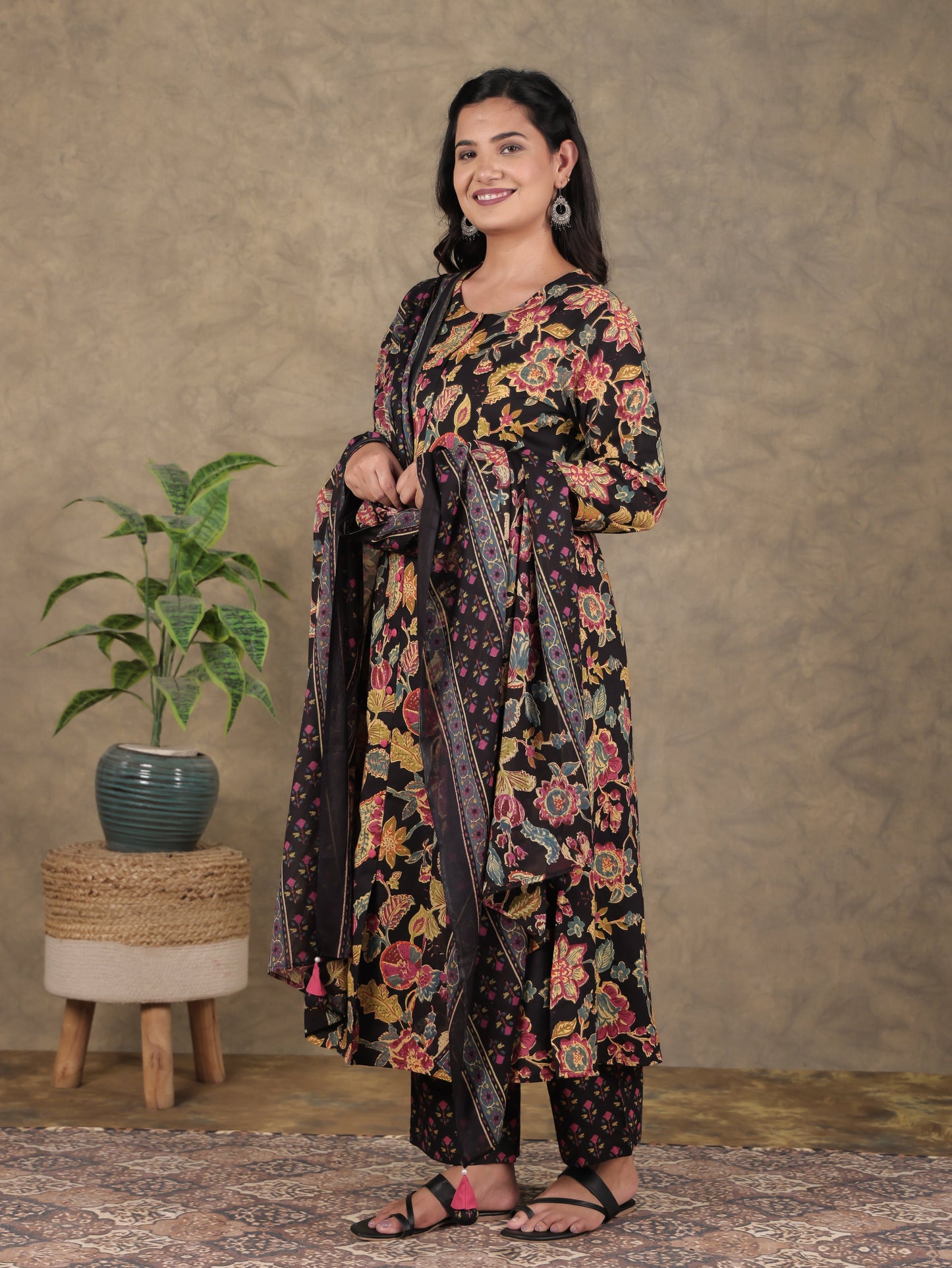 Soft Cotton Floral A-line Black Kurta