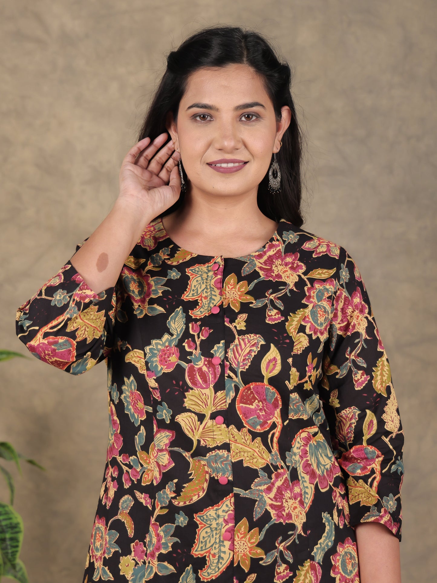 Soft Cotton Floral A-line Black Kurta