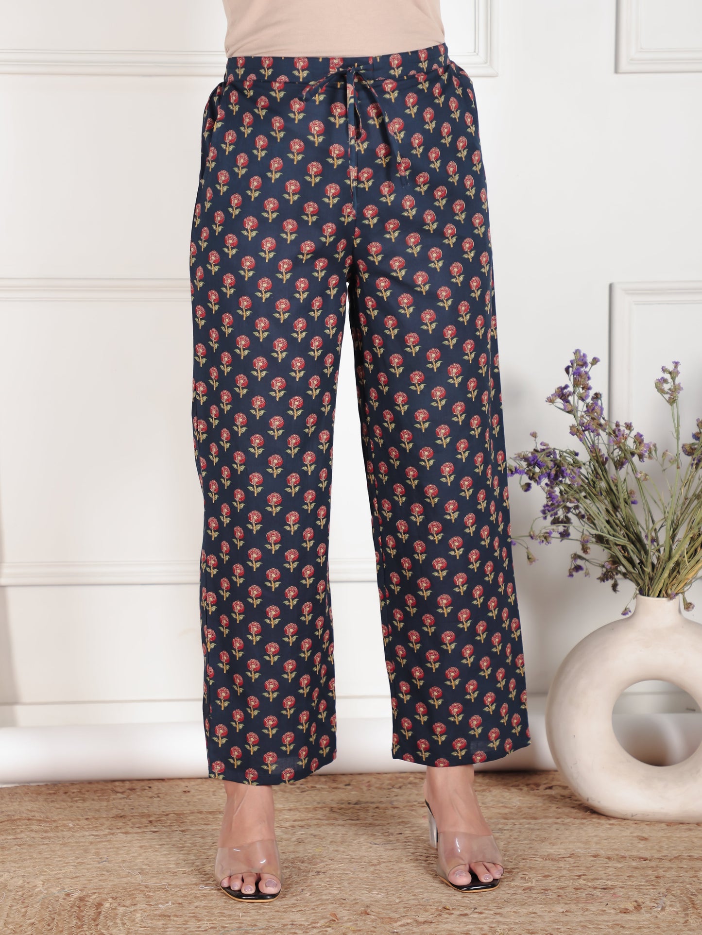 Soft Cotton Floral Blue Straight Trousers