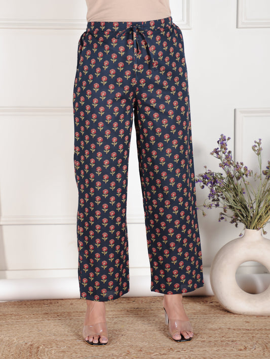 Soft Cotton Floral Blue Straight Trousers