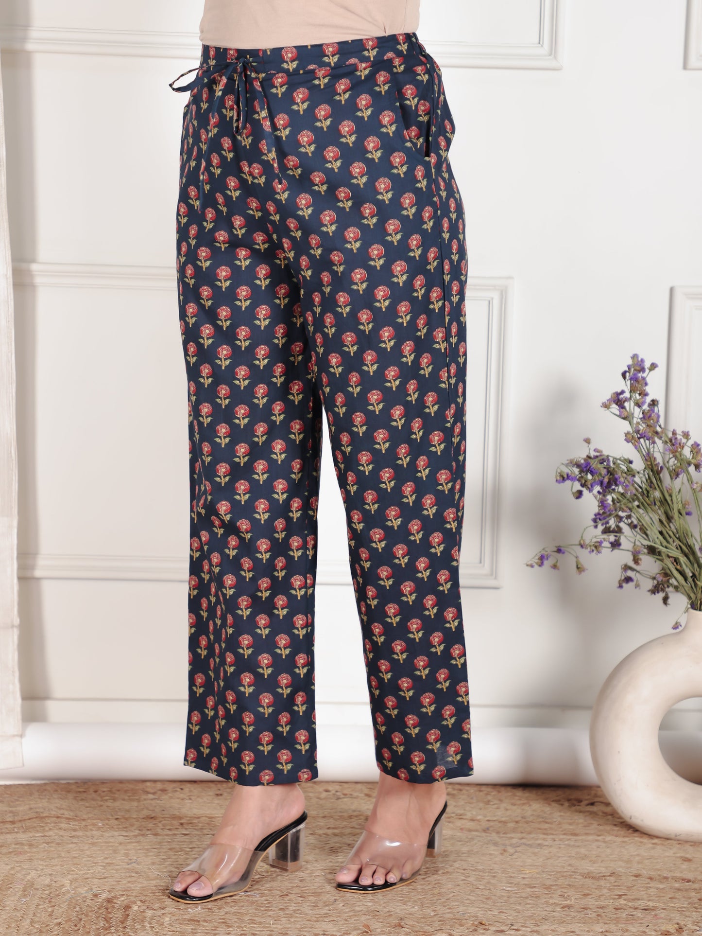 Soft Cotton Floral Blue Straight Trousers
