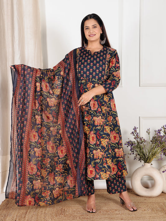 Cotton Voile Floral Blue Dupatta