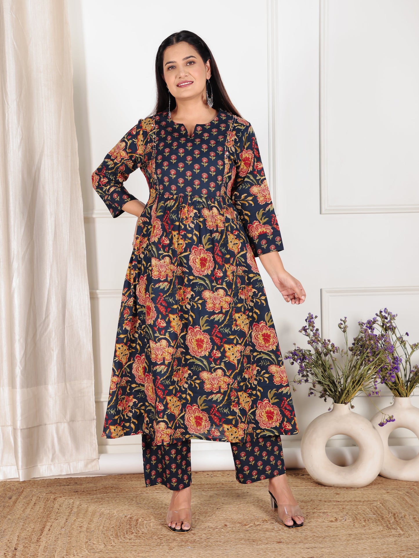 Embroidered Soft Cotton Floral Flared Blue Kurta