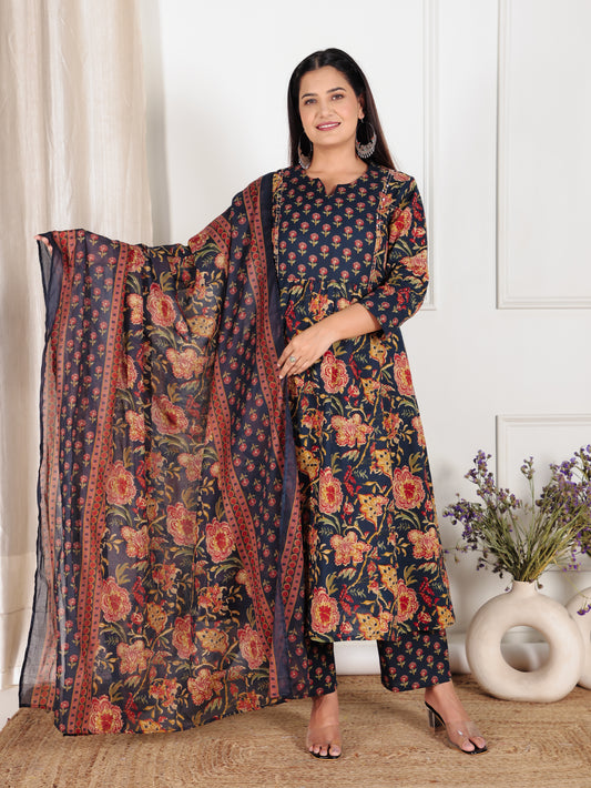 Embroidered Soft Cotton Floral Flared Blue Kurta