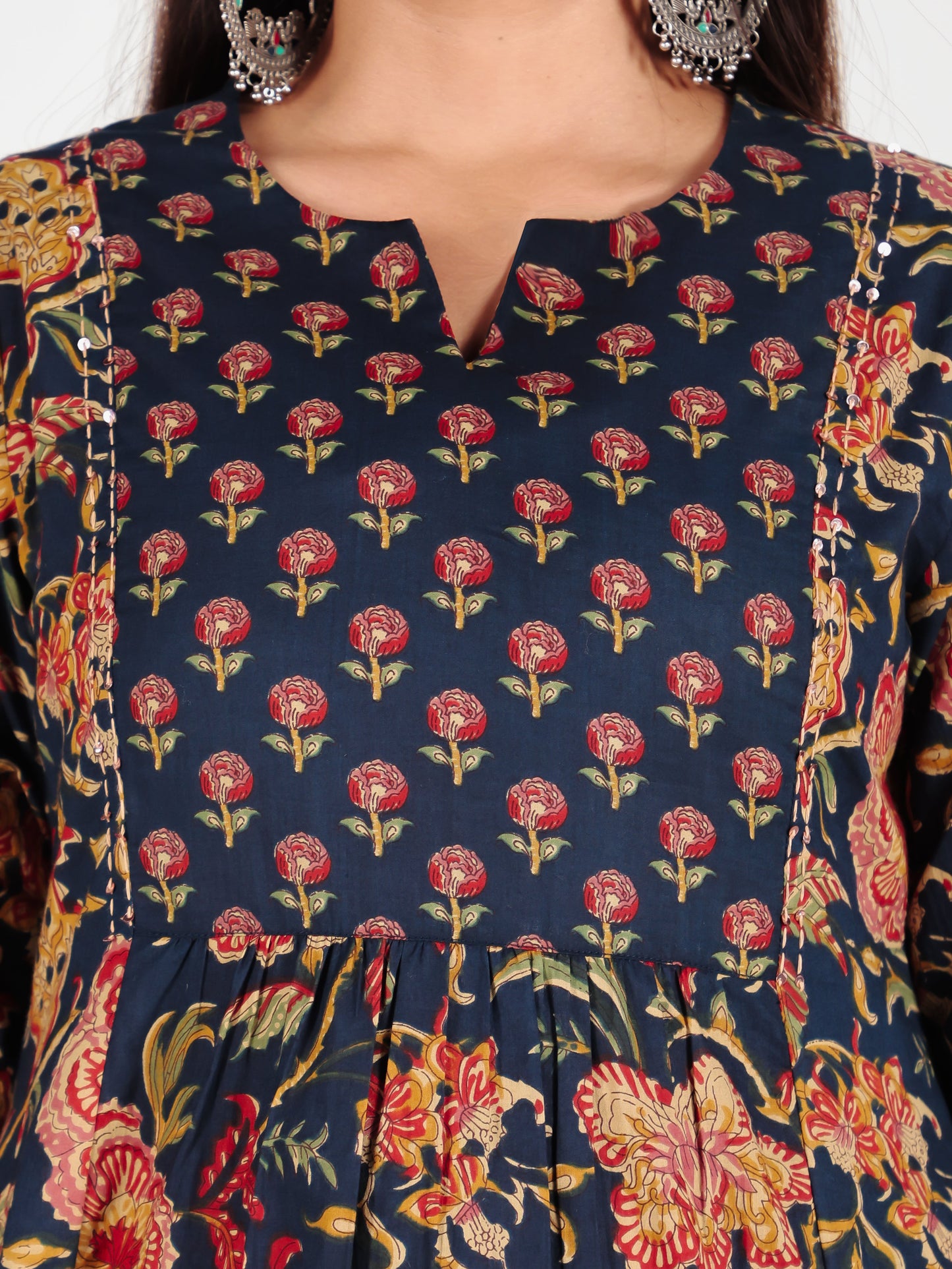 Embroidered Soft Cotton Floral Flared Blue Kurta