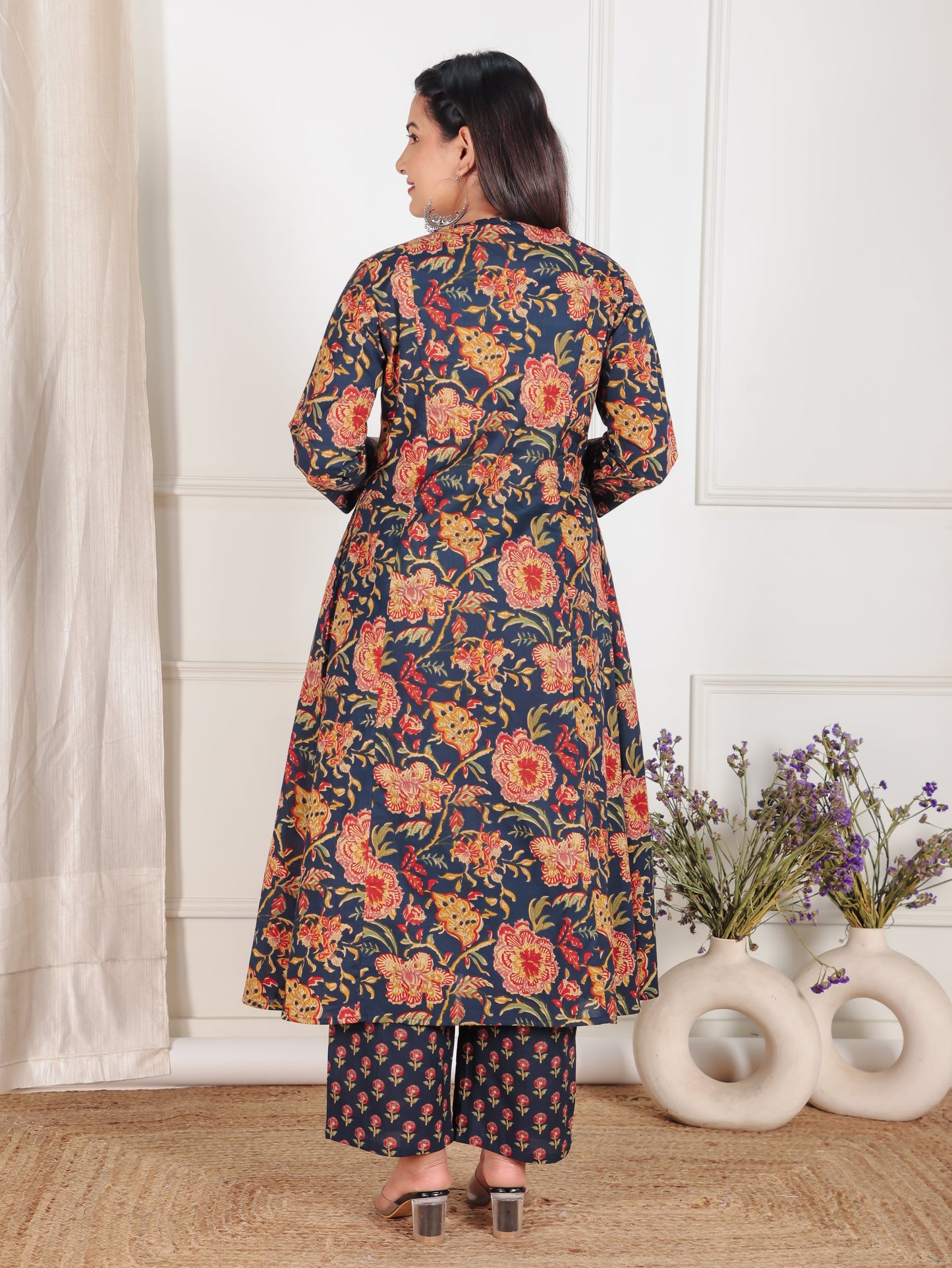 Embroidered Soft Cotton Floral Flared Blue Kurta